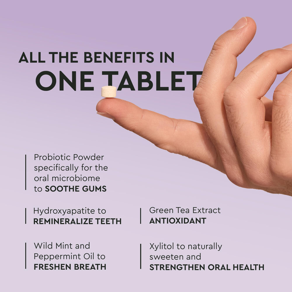 Close-up of mint-flavored hydroxyapatite mouthwash tablets