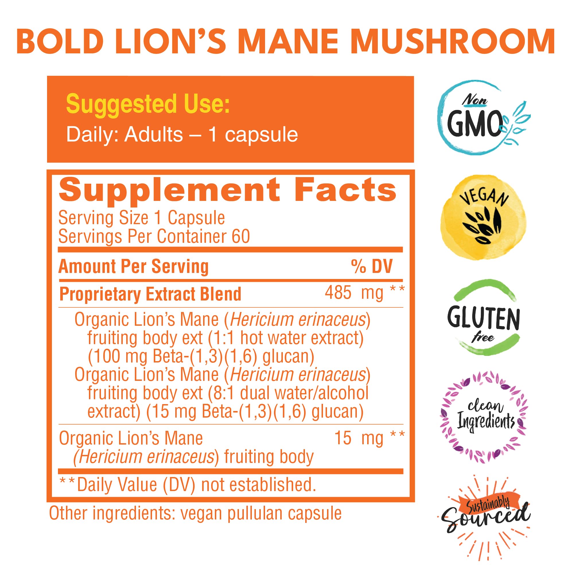 Close-up of Lion’s Mane capsules showing 60 vegan capsules label
