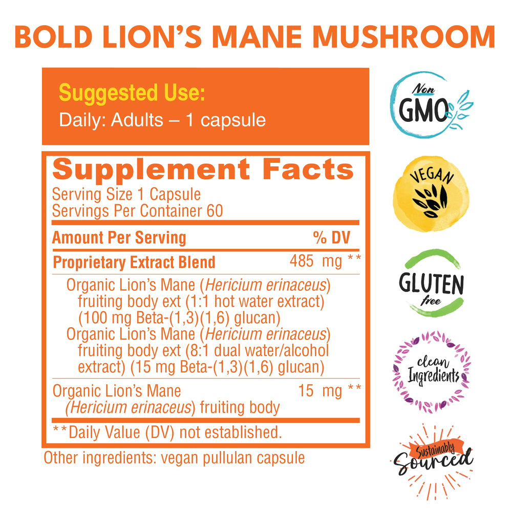 Close-up of Lion’s Mane capsules showing 60 vegan capsules label