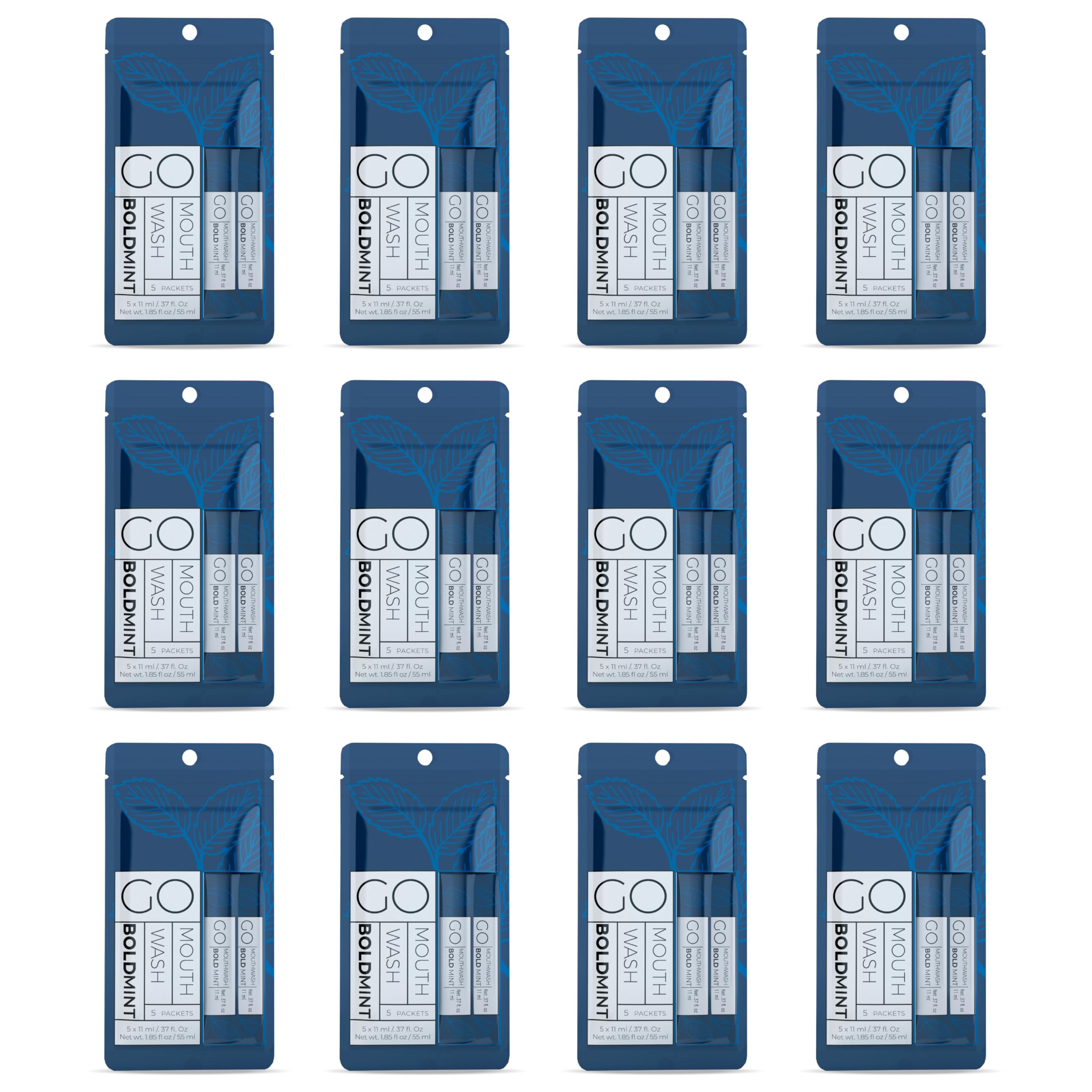 Bold Mint GO travel-size mouthwash packets arranged in a row