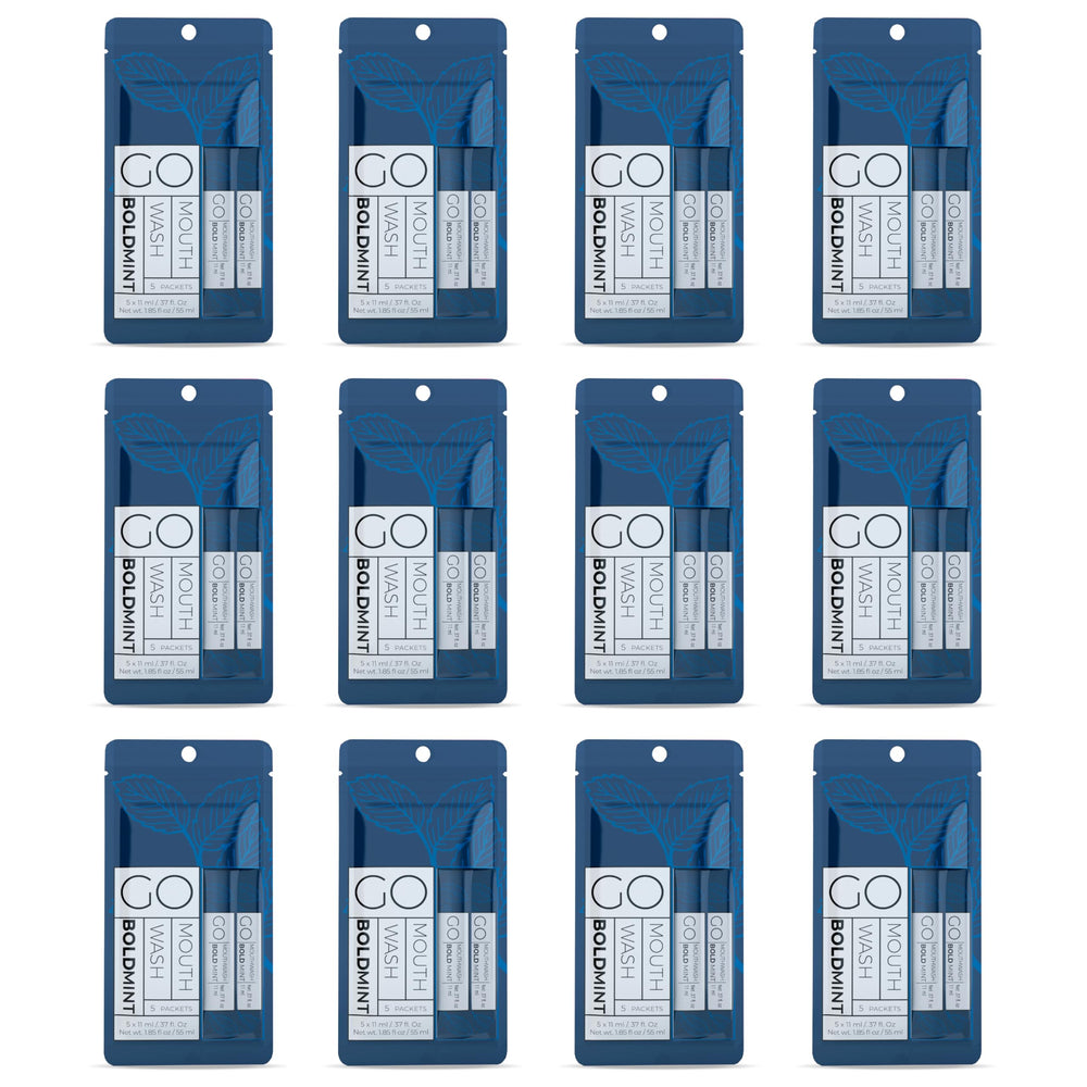 Bold Mint GO travel-size mouthwash packets arranged in a row