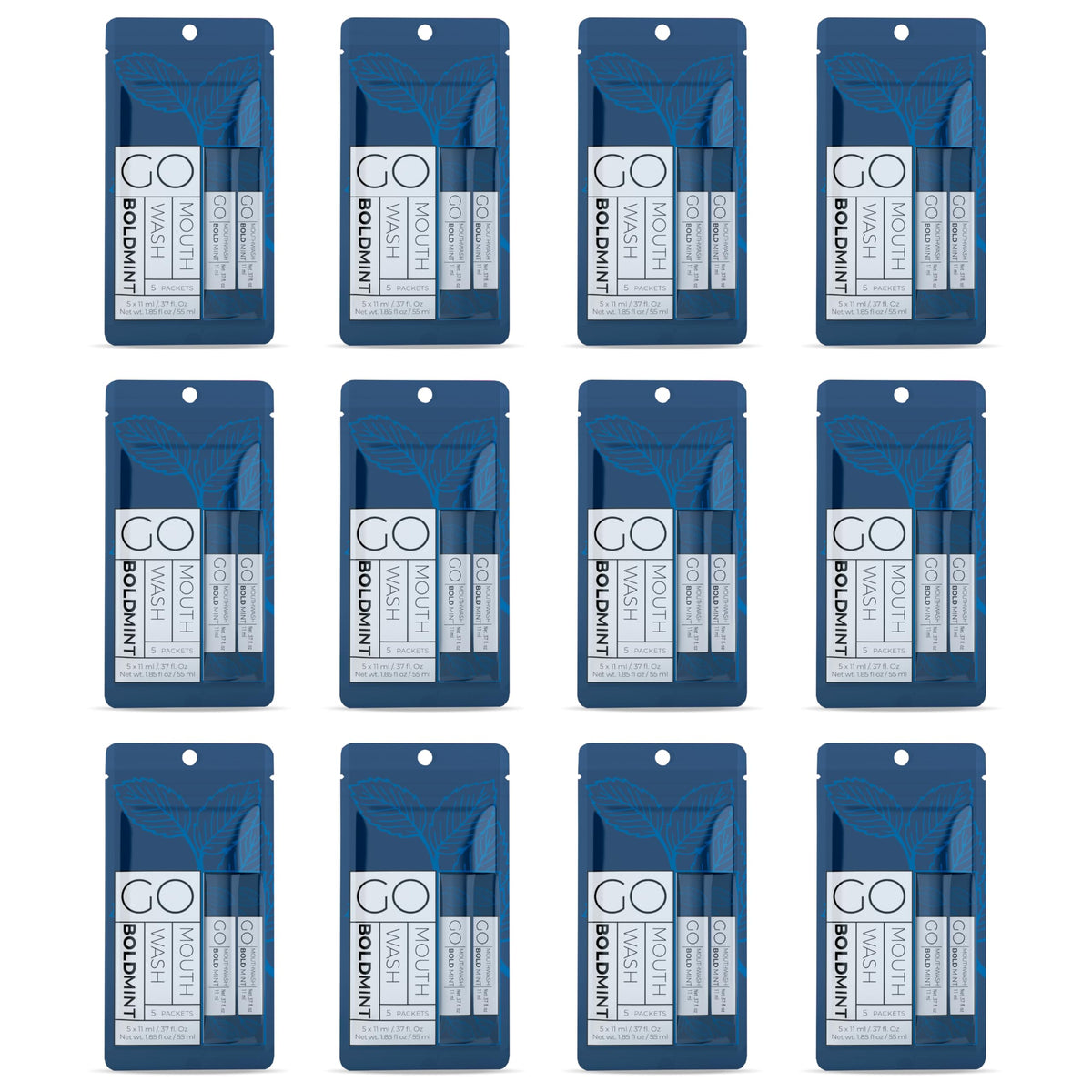 Bold Mint GO travel-size mouthwash packets arranged in a row