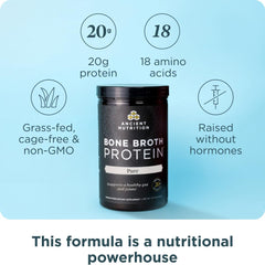 Chocolate flavor bone broth protein powder with 20g protein per serving