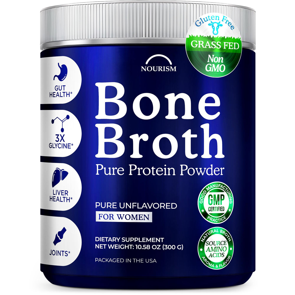 Front view of Bone Broth Protein Powder 10.58 oz container