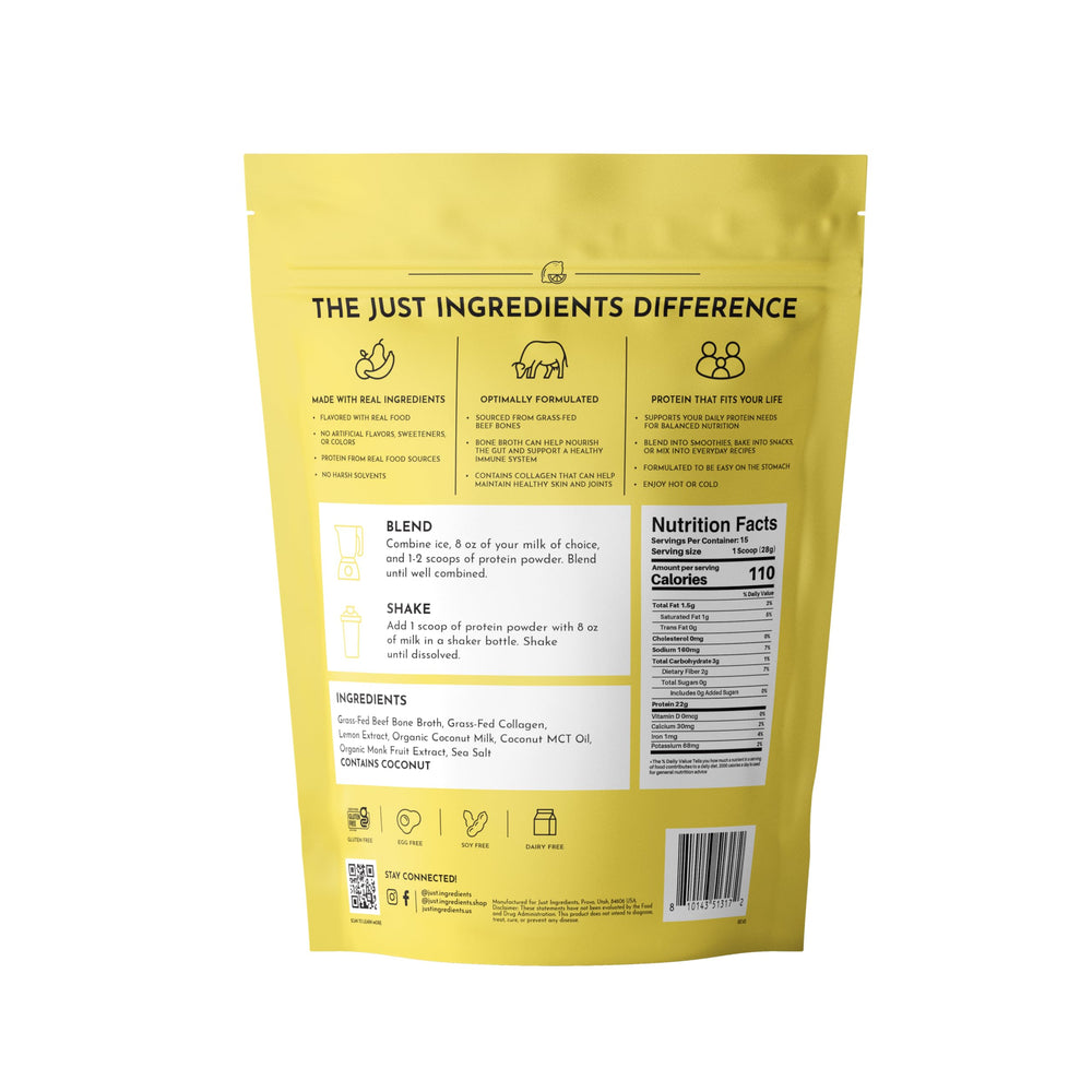 Serving suggestion: lemon cream bone broth protein powder in a glass with milk