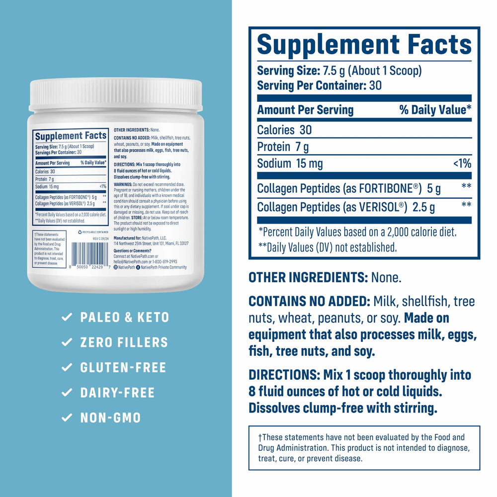 Close-up of bone health collagen peptides powder bottle