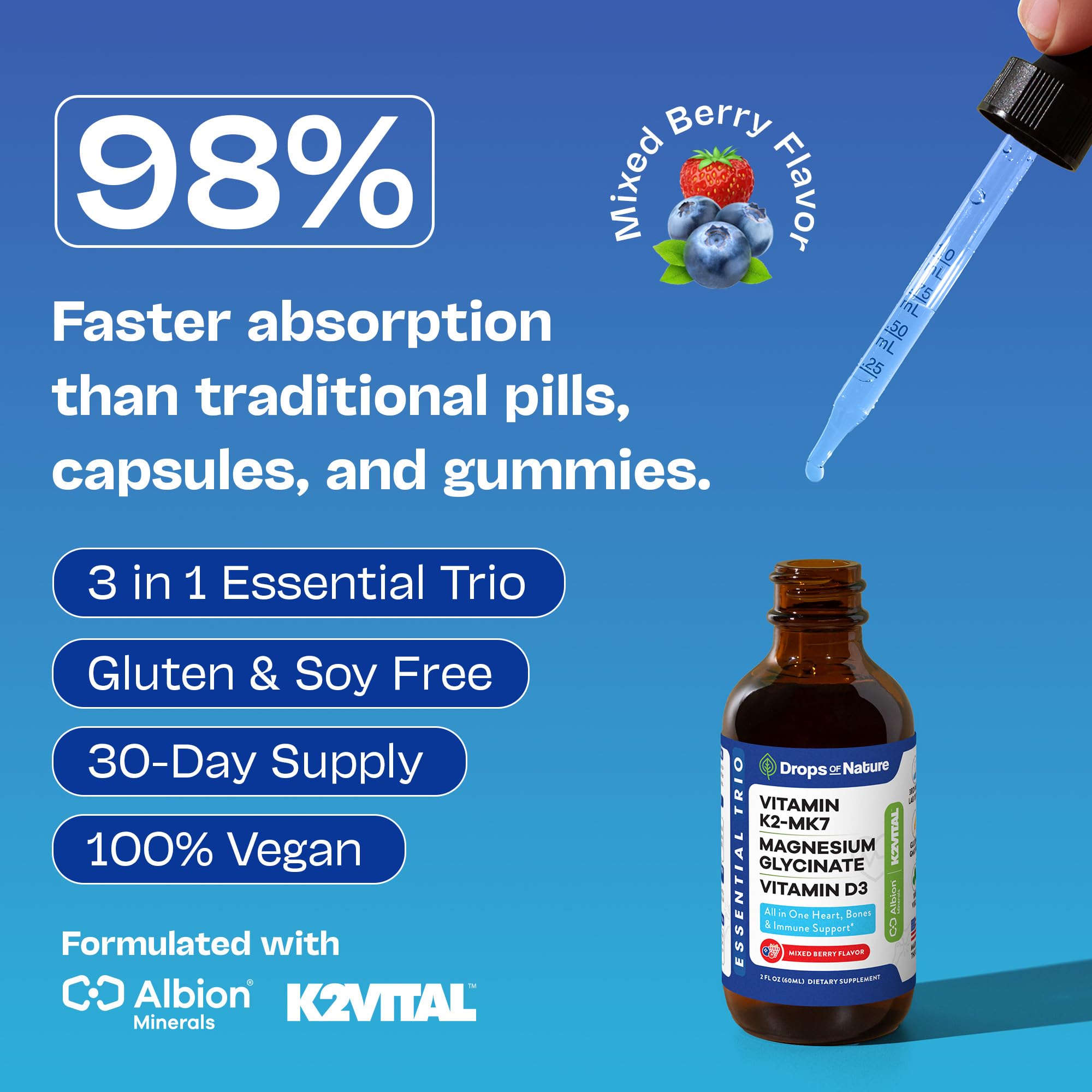 Illustration of bone health and heart health with berry-flavored liquid supplement