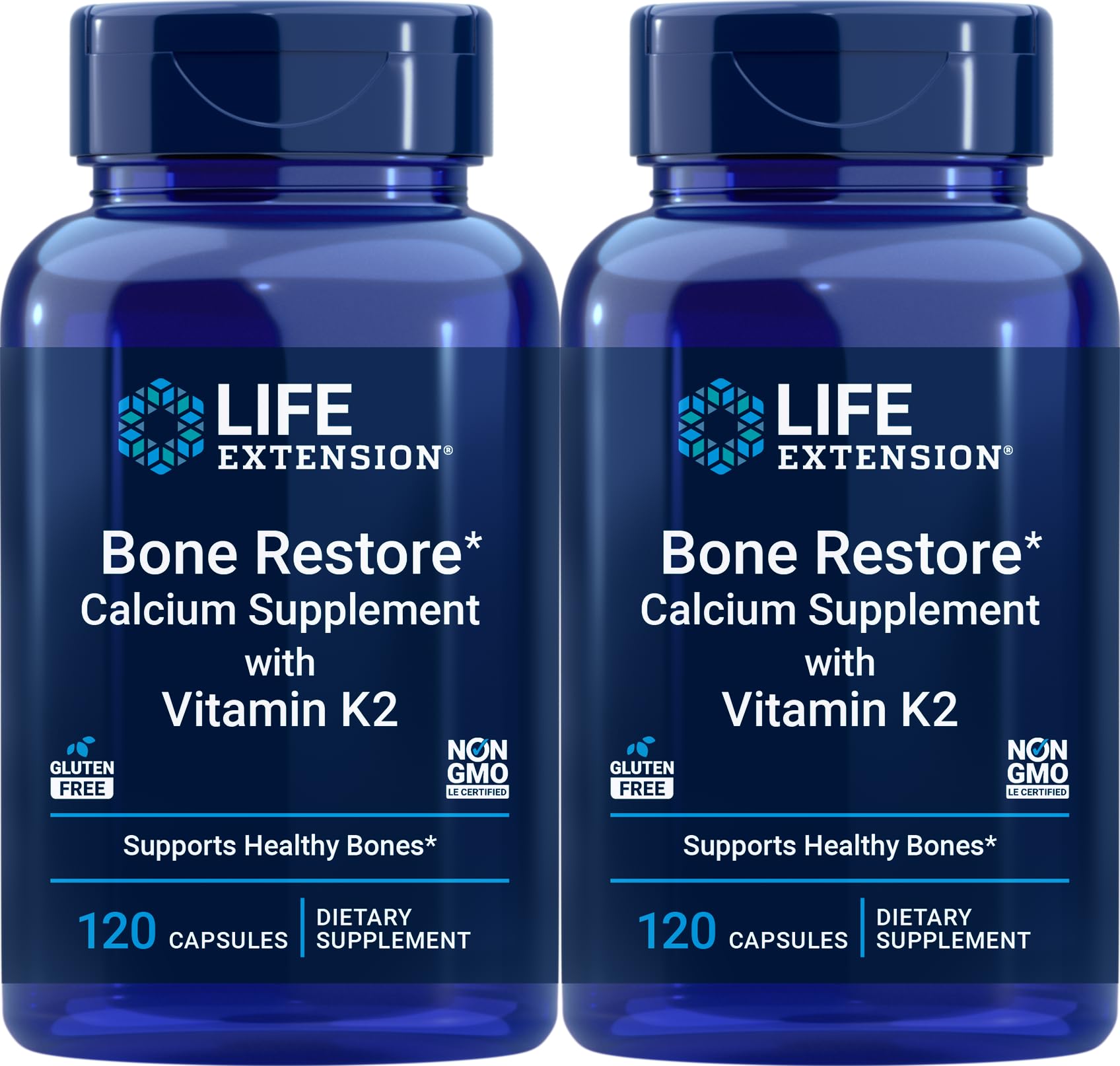 Life Extension Bone Restore Calcium Supplement with Vitamin K2 – 120 capsules, 2-pack bottle