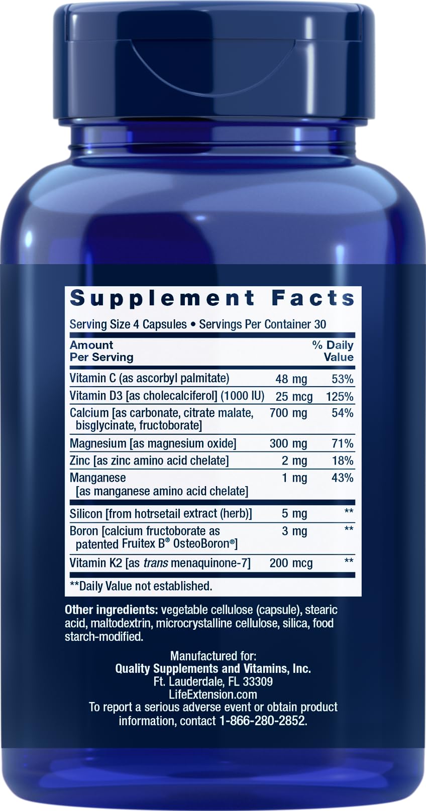 Bottle label of Life Extension Bone Restore supplement highlighting calcium, Vitamin K2, and minerals
