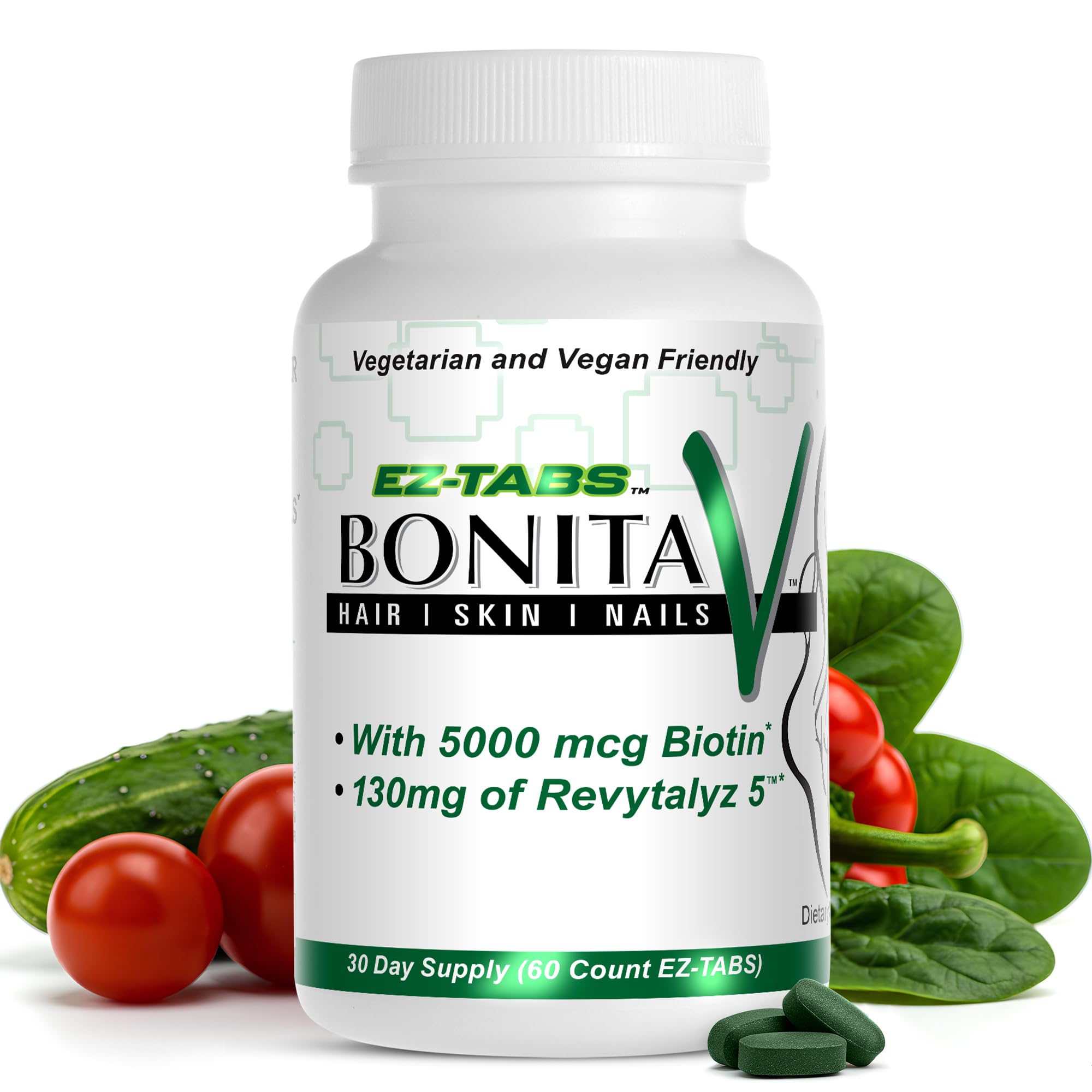 Front view of Essential Source Bonita V bottle containing 60 EZ-TAB vegan tablets