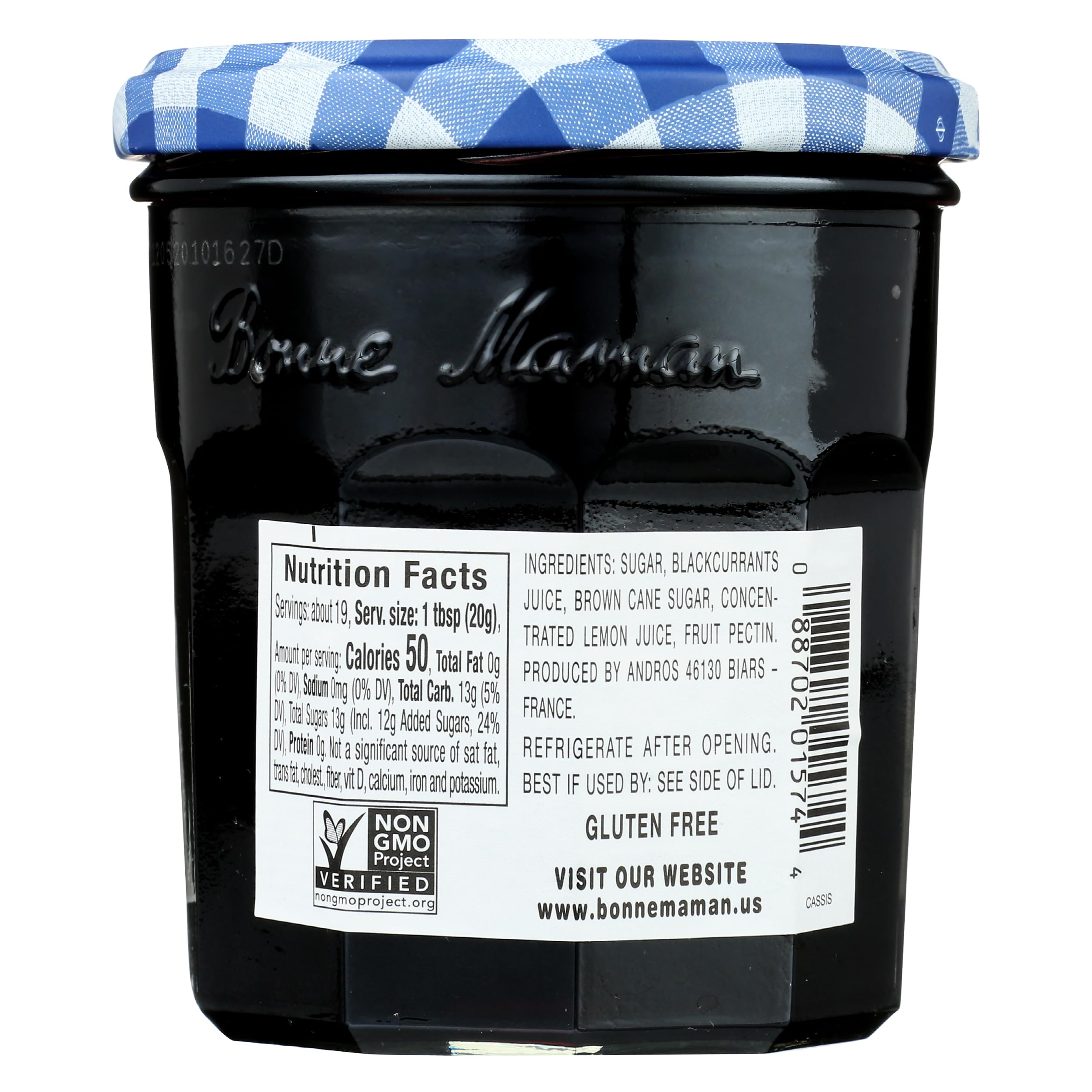 Close-up of Bonne Maman Black Currant Jelly jar texture