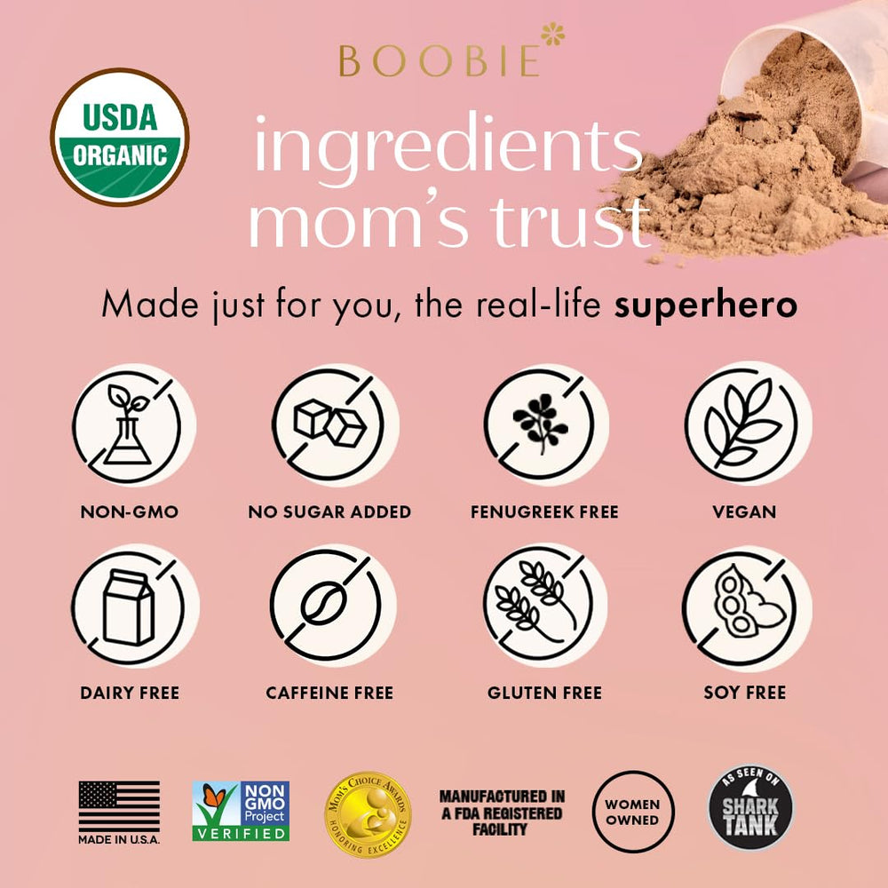 Boobie Body Chocolate Bliss ingredient bowl features moringa and turmeric in the mix.