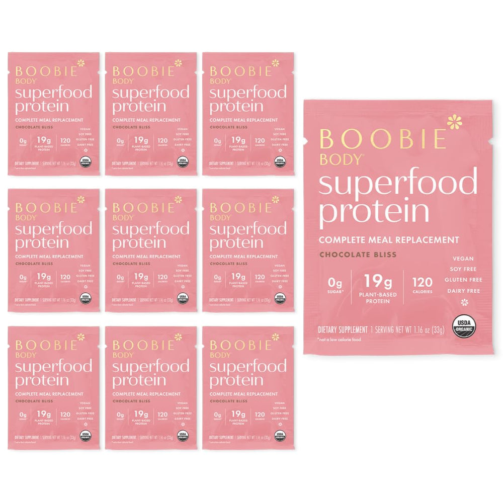 Boobie Body Chocolate Bliss packaging highlights organic, protein-packed shake for busy moms.