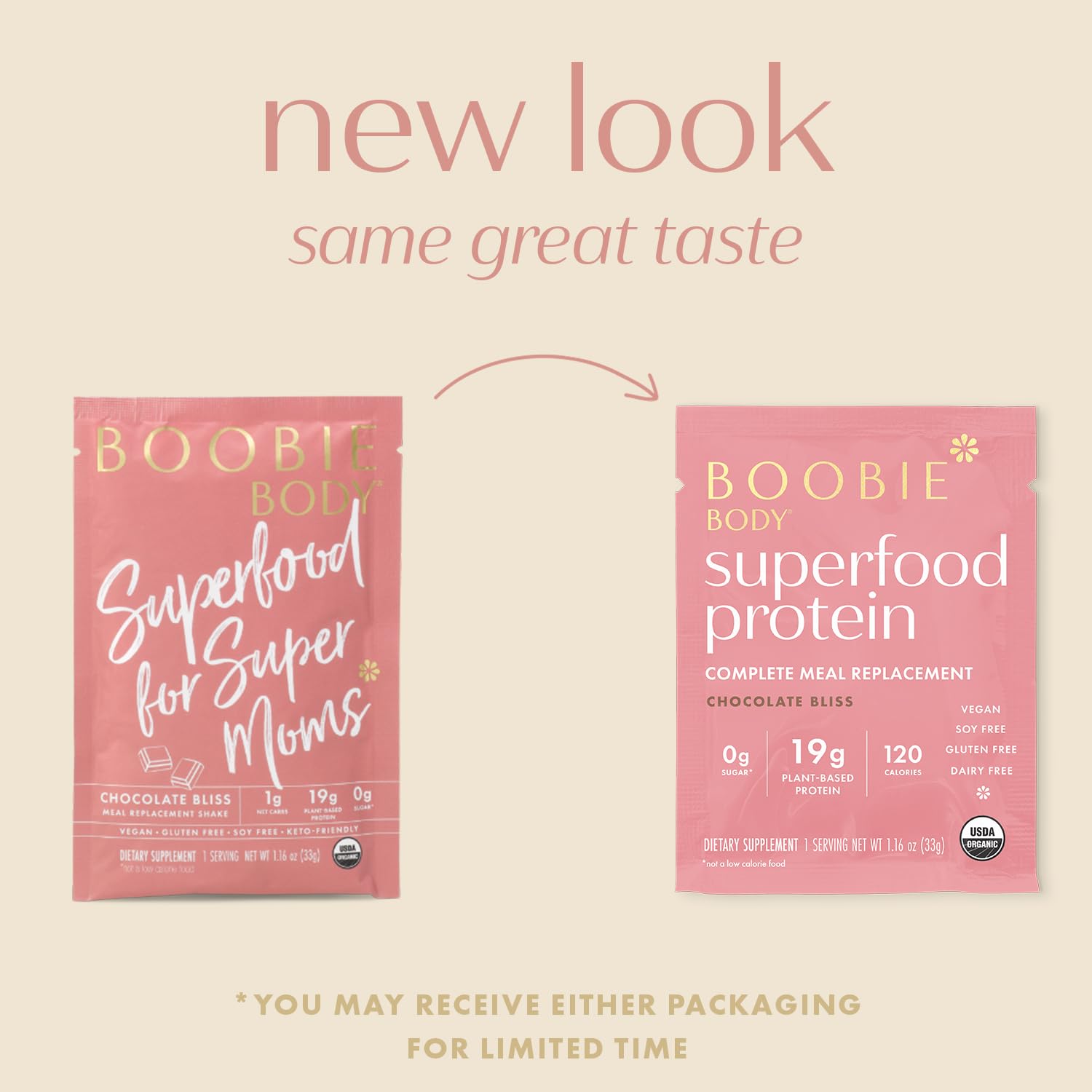 Boobie Body Chocolate Bliss serving cup shows 19g plant-based protein for on-the-go nourishment.