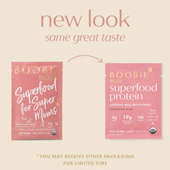 Boobie Body Chocolate Bliss serving cup shows 19g plant-based protein for on-the-go nourishment.