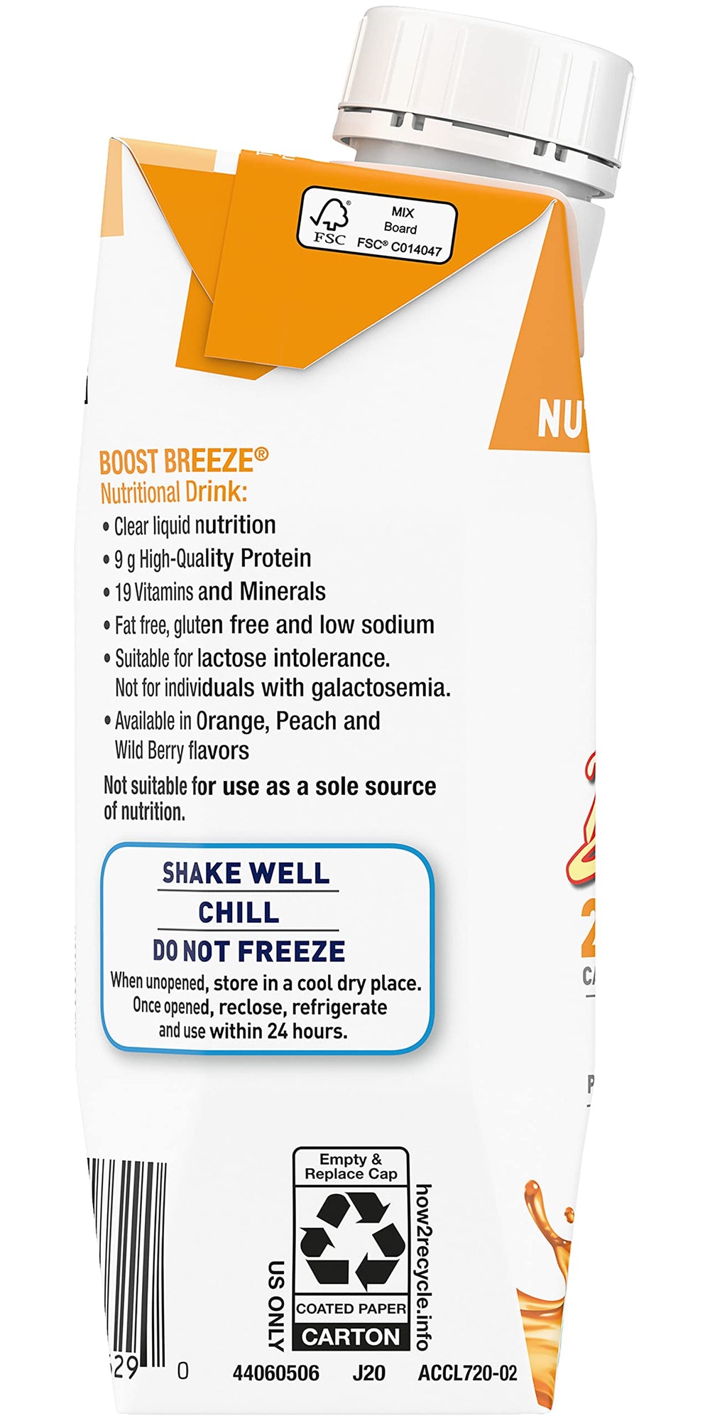 Boost Breeze glass-hero-shot showcases clear liquid and refreshing orange flavor for meals or snacks.