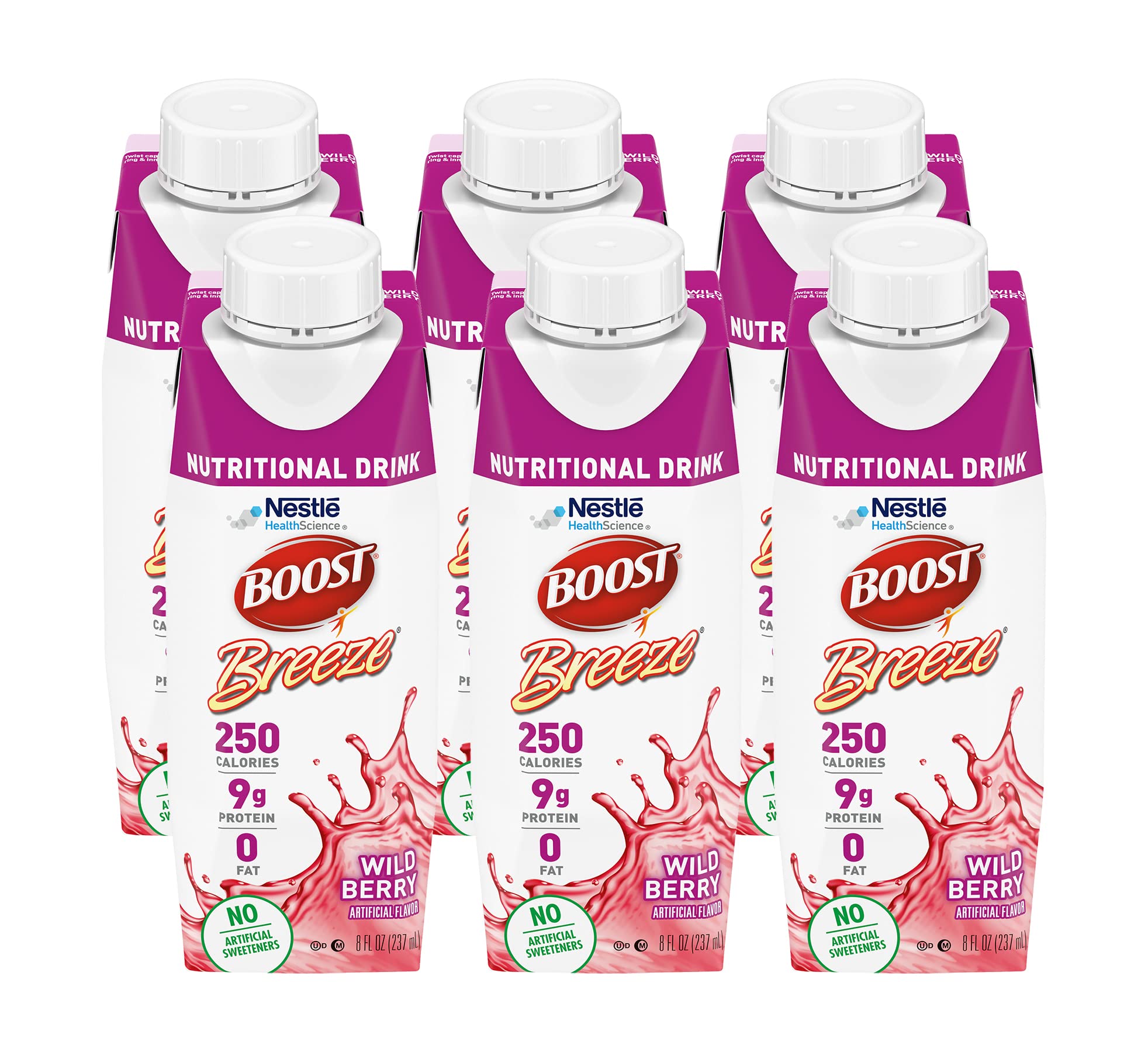 Boost Breeze Wildberry bottle shows on-the-go protein and calories