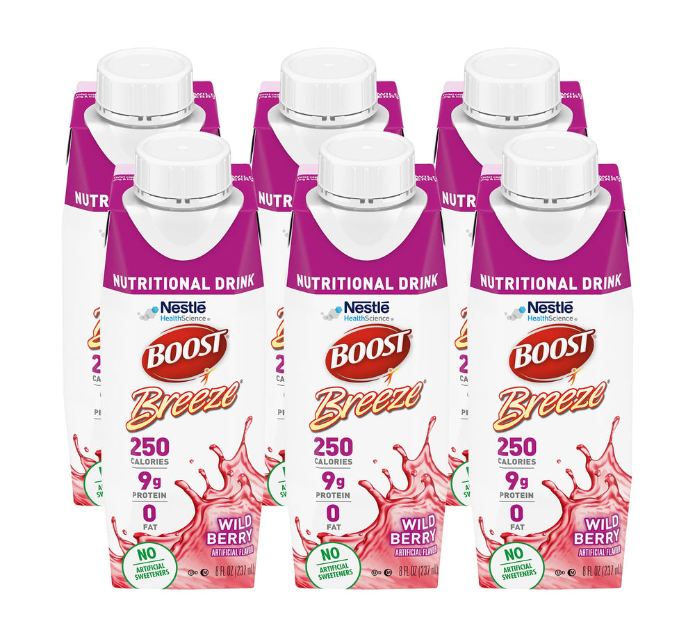 Boost Breeze Wildberry bottle shows on-the-go protein and calories