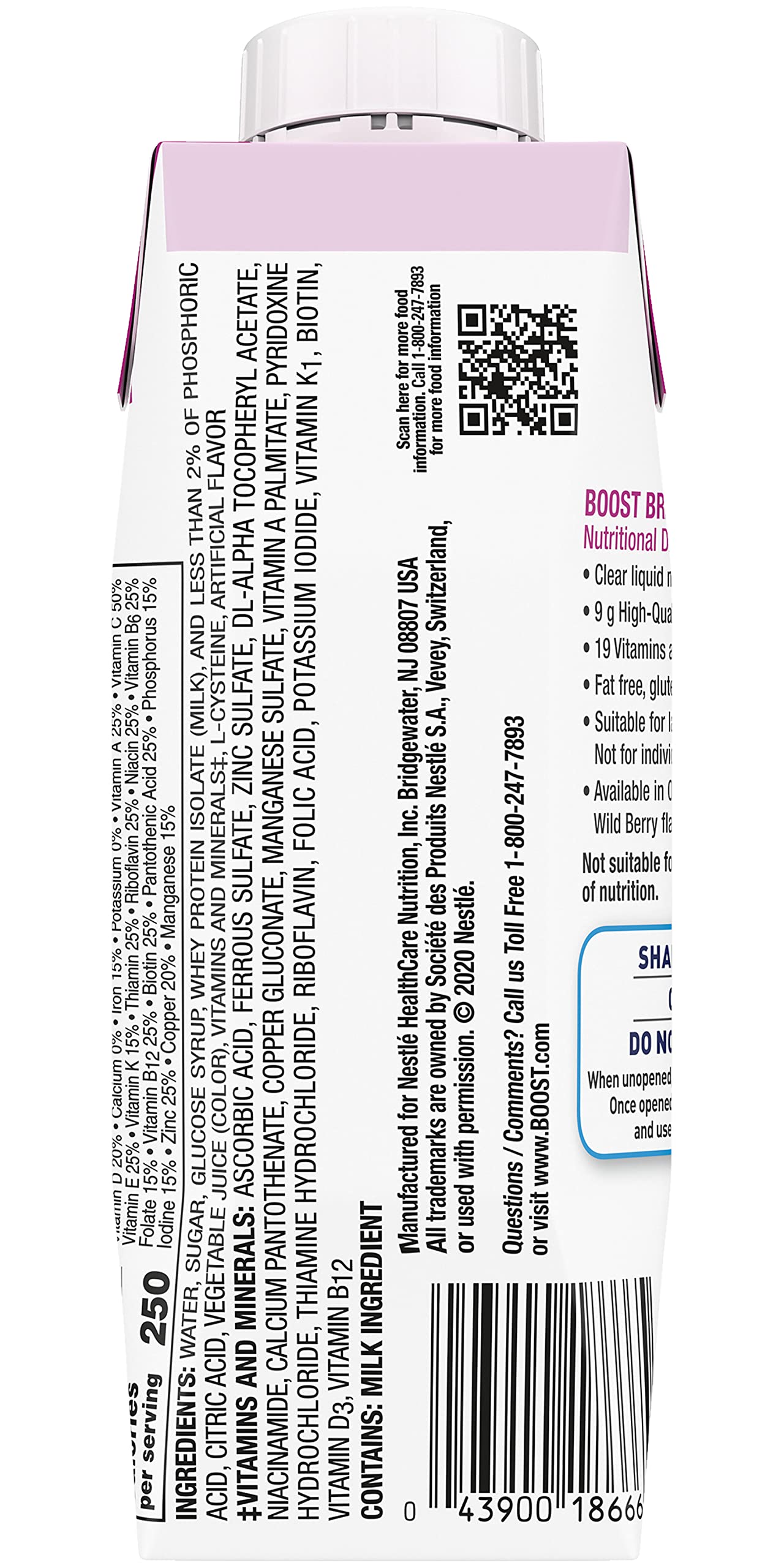 BOOST Breeze Wildberry nutrition panel highlights 9g protein and vitamins