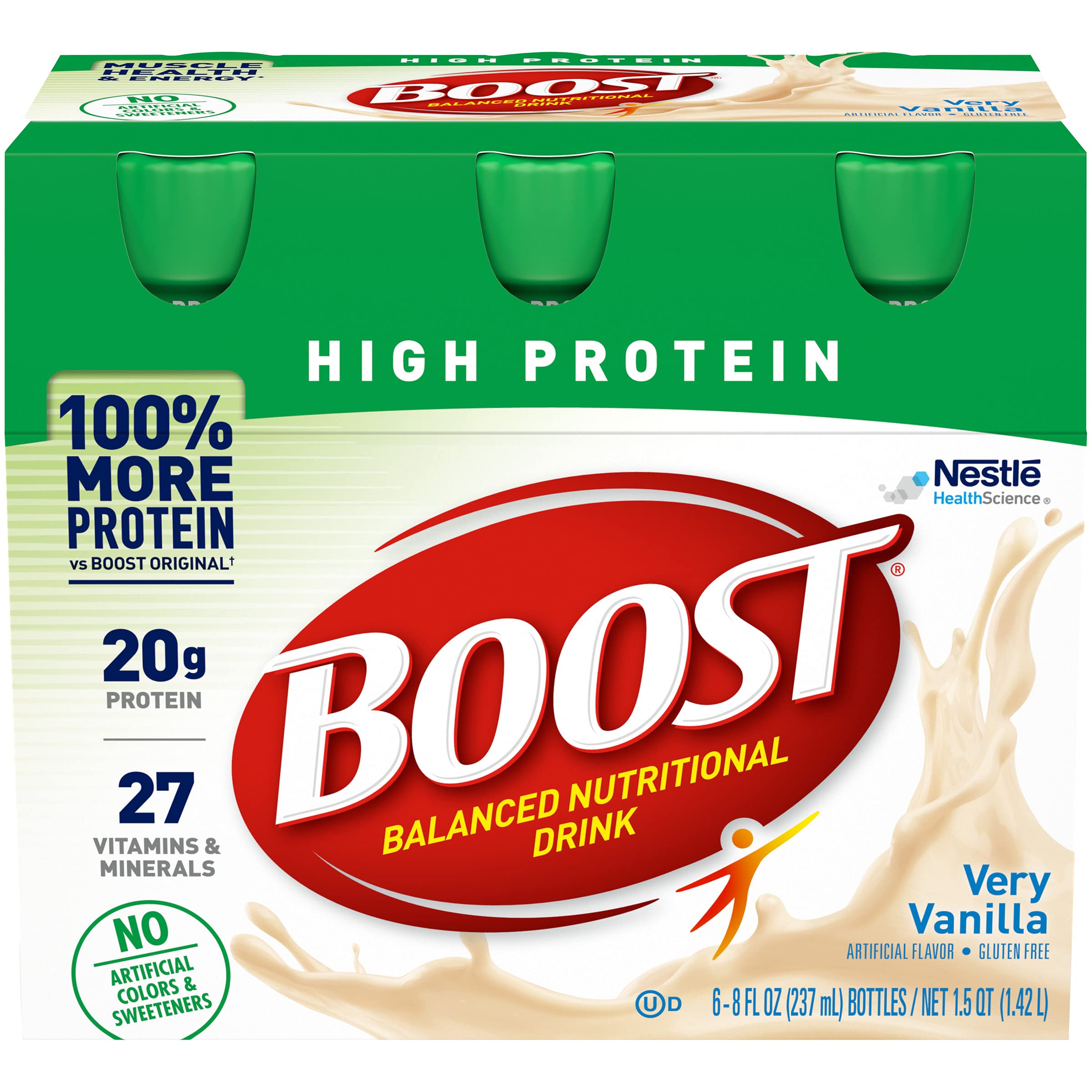 BOOST High Protein Drink Vanilla bottle closeup shows 20g protein per serving.