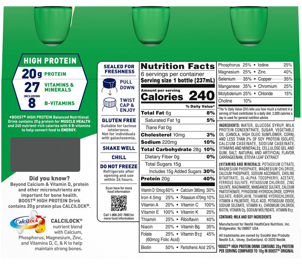 BOOST High Protein Drink Vanilla packaging front highlights CalciLock and nutrients.
