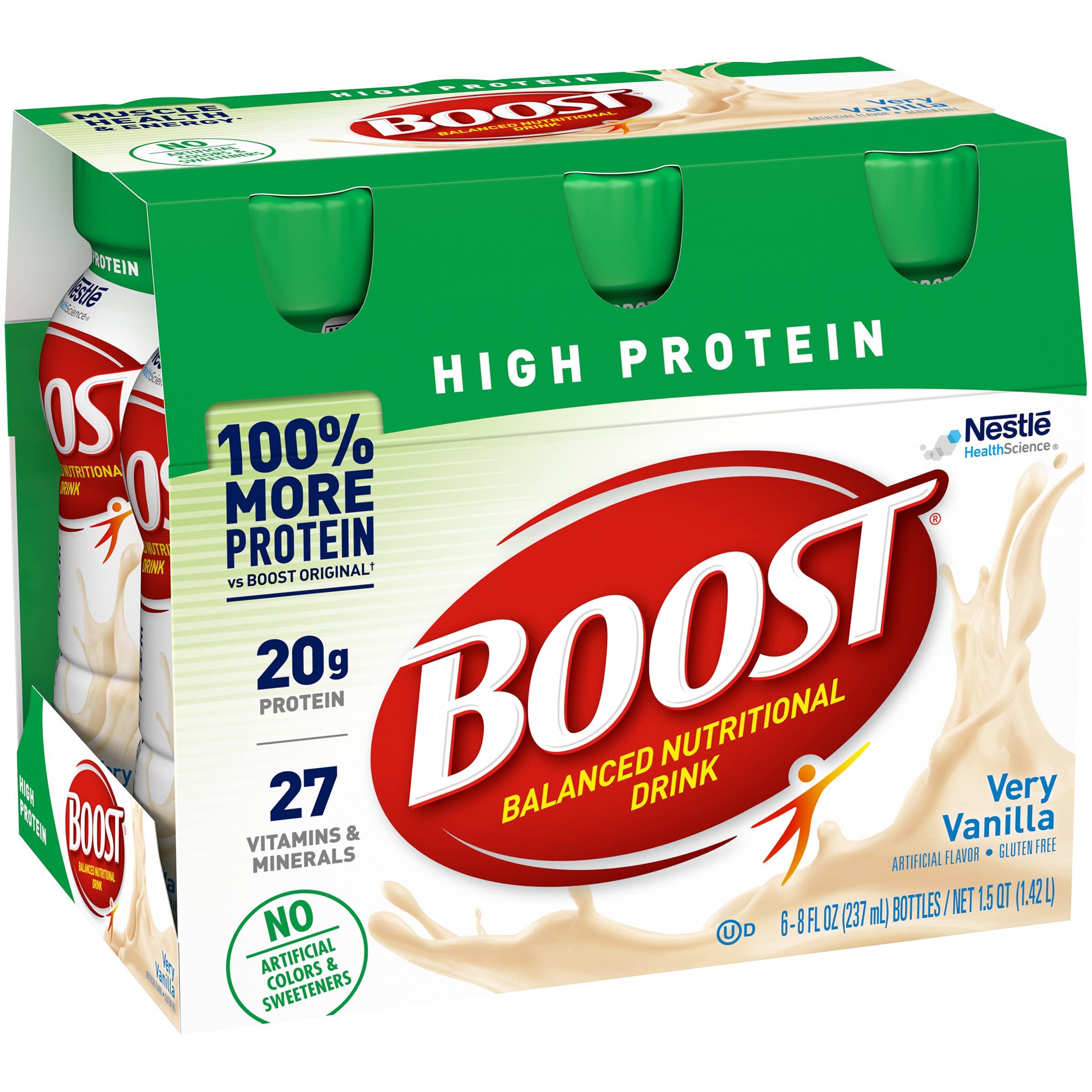 BOOST High Protein Drink Vanilla being poured into a glass for quick nutrition.