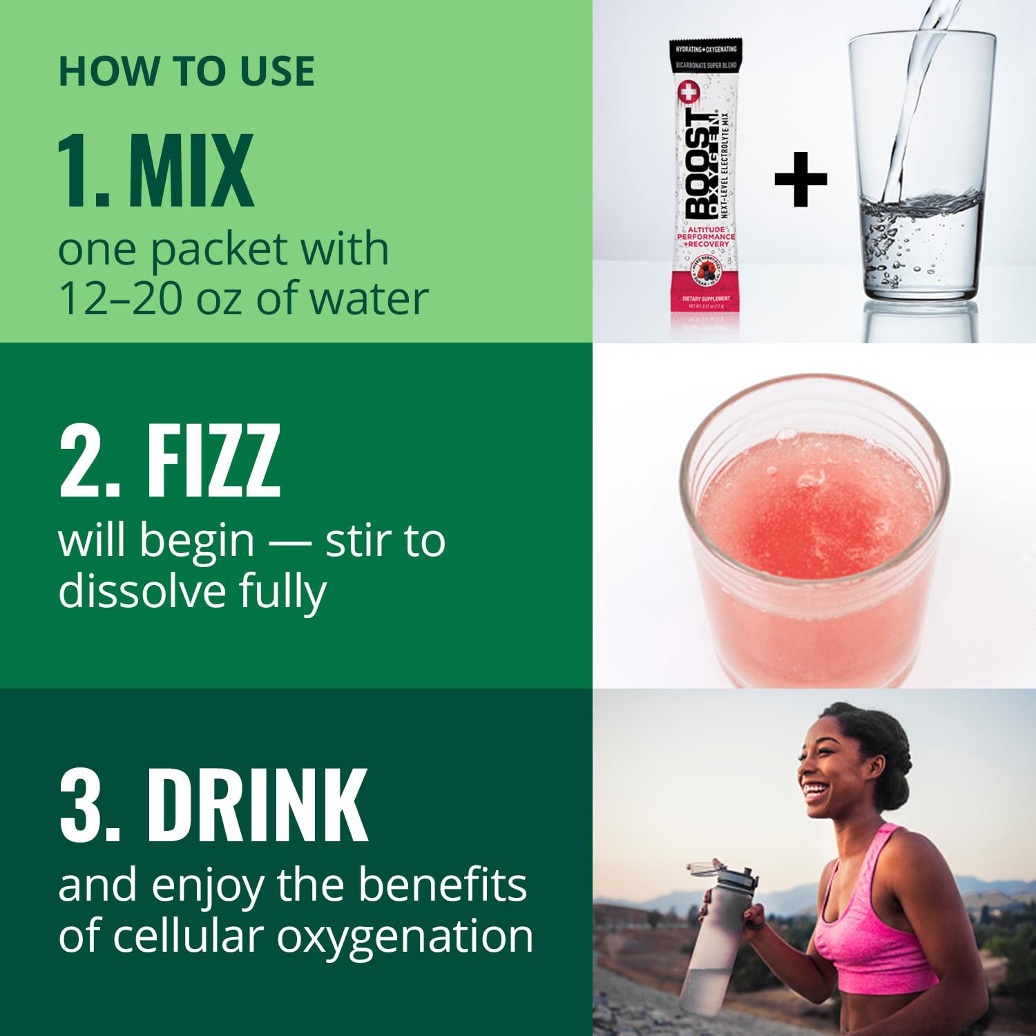 Boost Oxygen poured-over-ice shot showcases serving suggestion and effervescence.