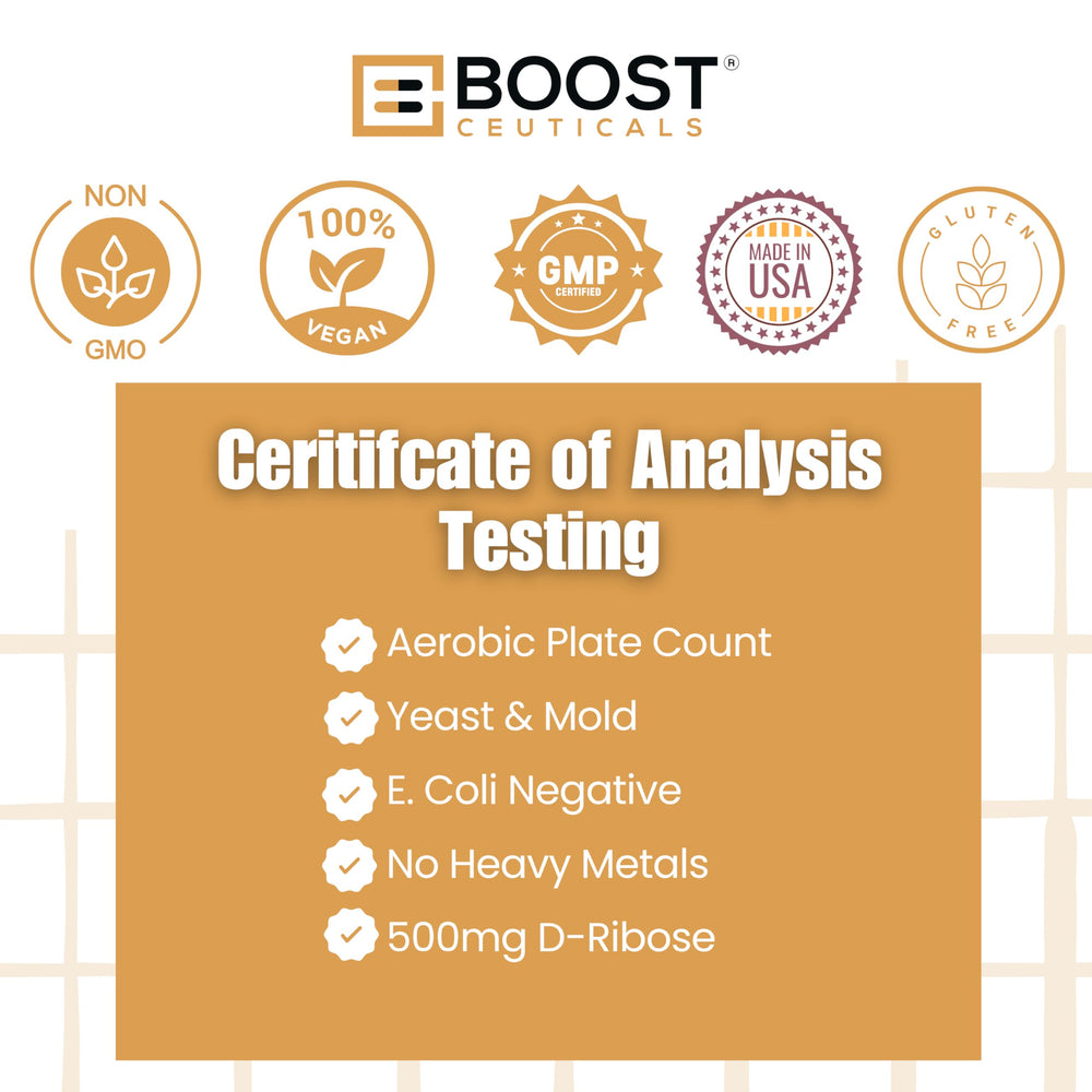 BoostCeuticals D-Ribose serving close-up showing 500mg per capsule.