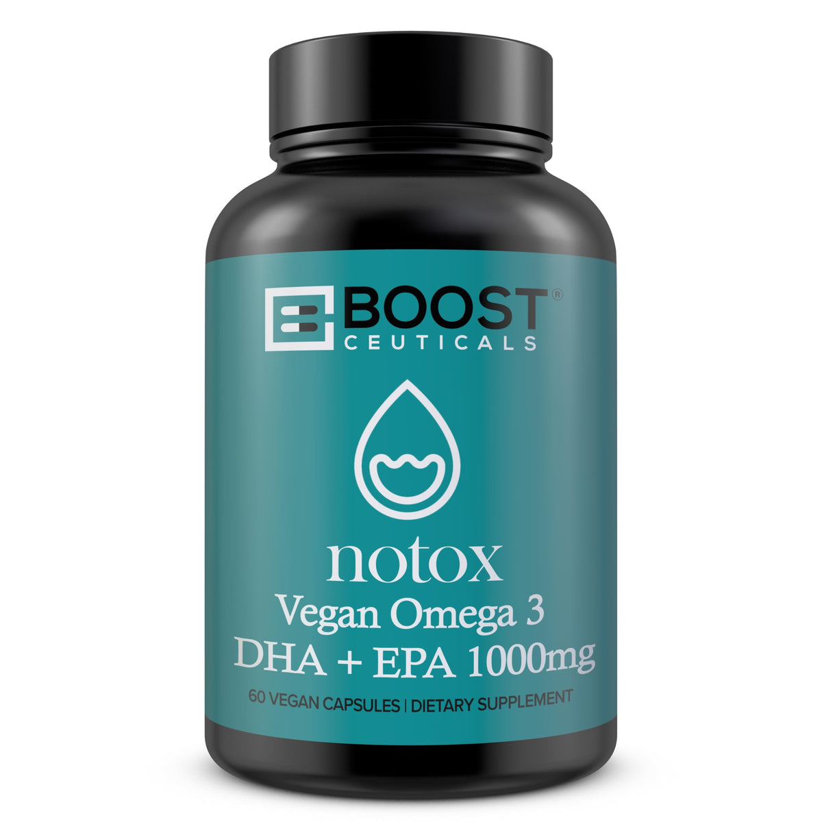 BoostCeuticals vegan omega-3 bottle with label showing 1000mg algae-based omega-3