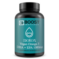BoostCeuticals vegan omega-3 bottle with label showing 1000mg algae-based omega-3