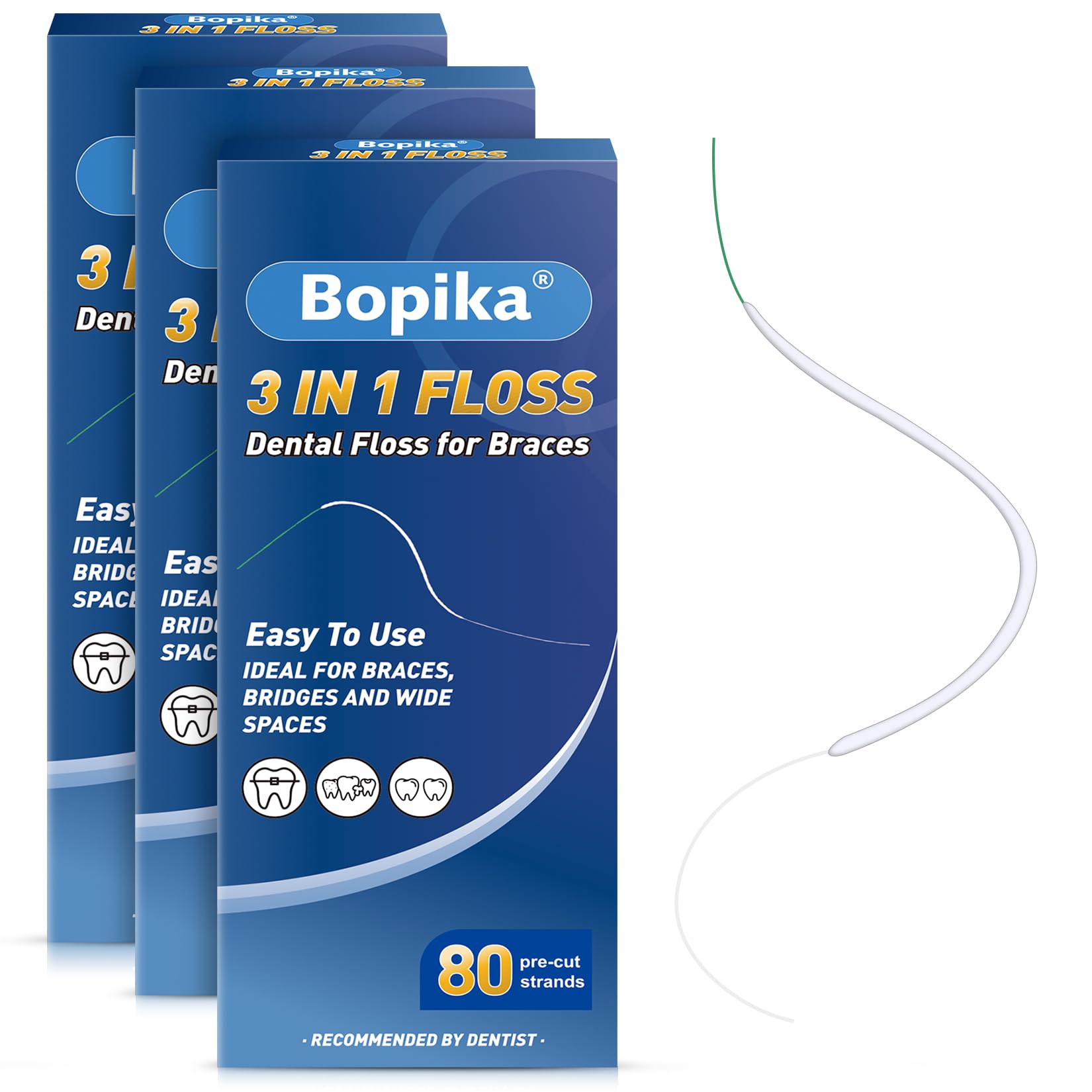 Bopika 3-in-1 dental floss for braces with stiffened-end threader