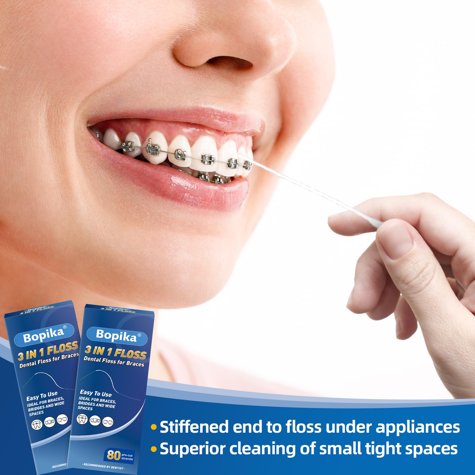Braces-friendly dental floss in use