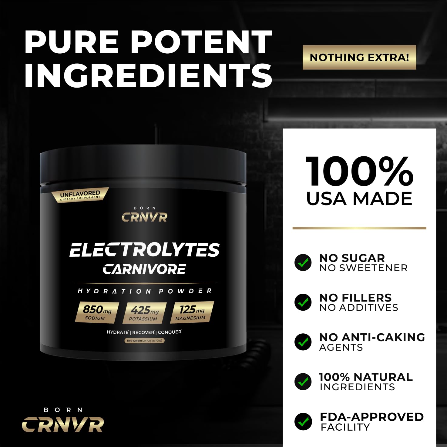 Born CRNVR Carnivore Electrolytes label closeup emphasizes non-GMO, sugar-free quality.
