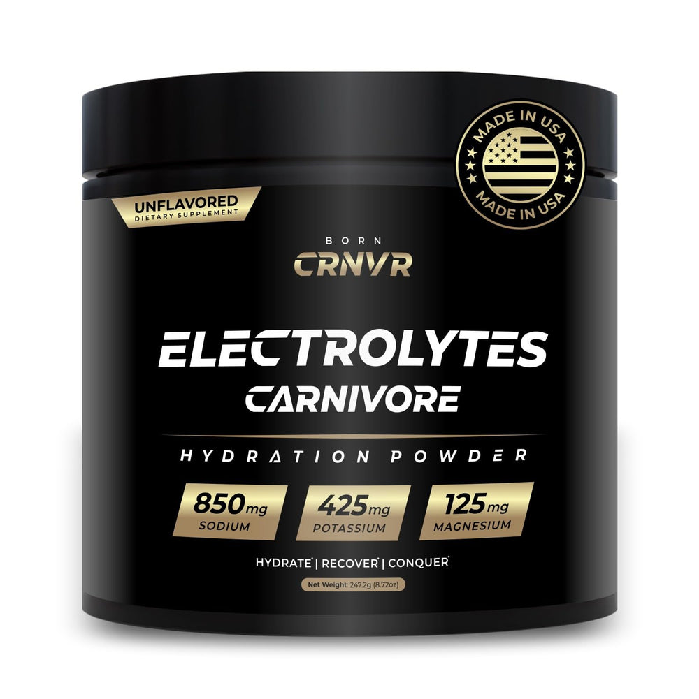 Born CRNVR Carnivore Electrolytes powder bottle promotes clean hydration for carnivore diets.