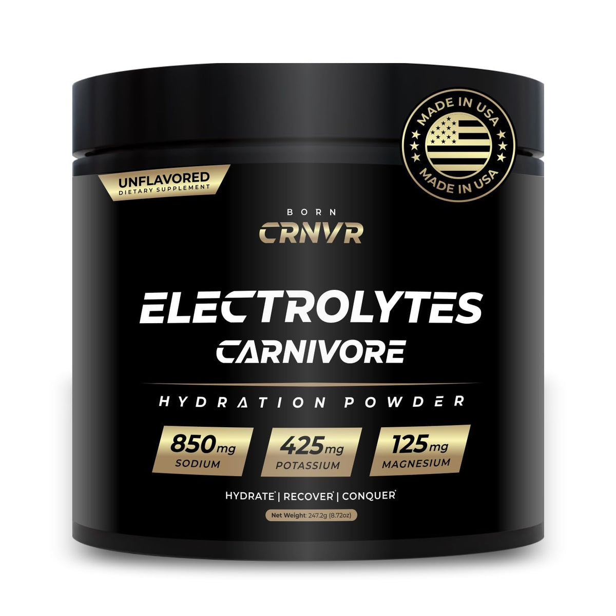 Born CRNVR Carnivore Electrolytes powder bottle promotes clean hydration for carnivore diets.