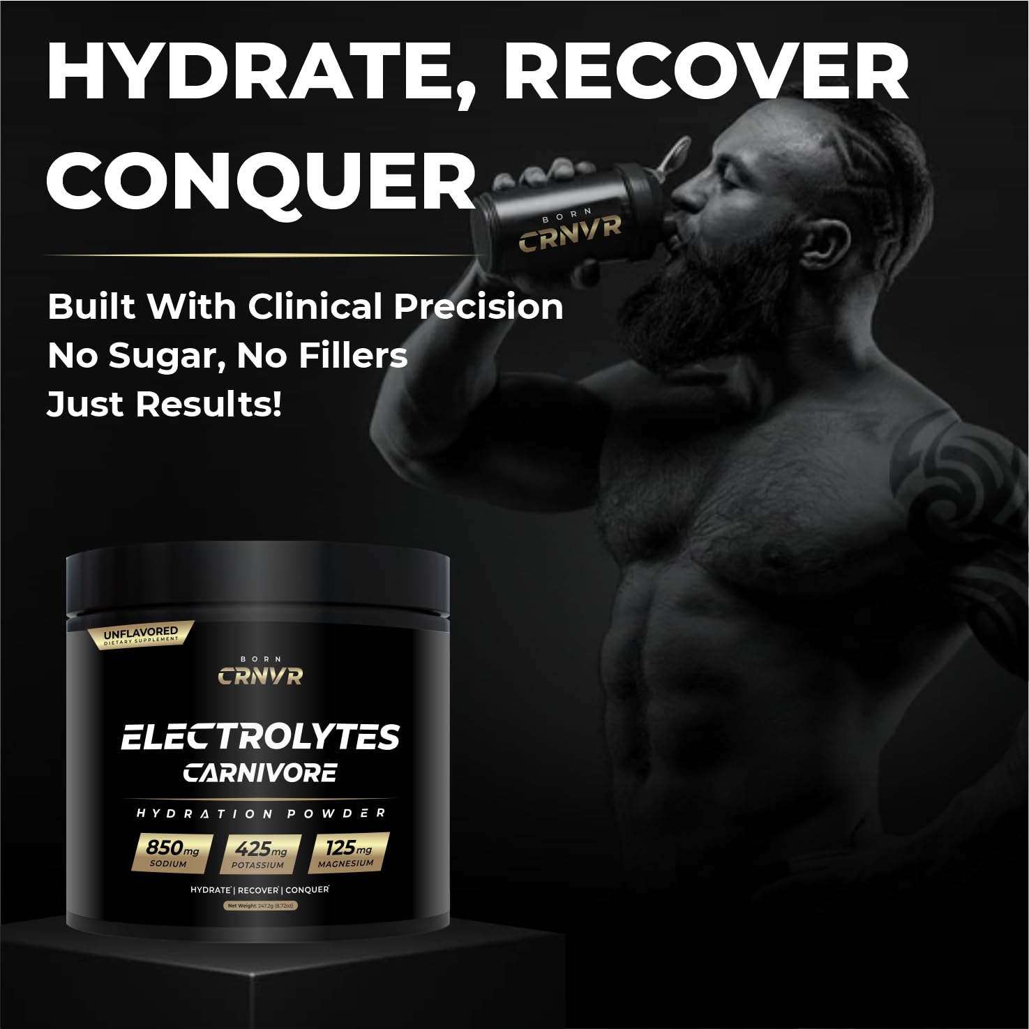 Born CRNVR Carnivore Electrolytes unflavored scoop highlights zero-carb formula.