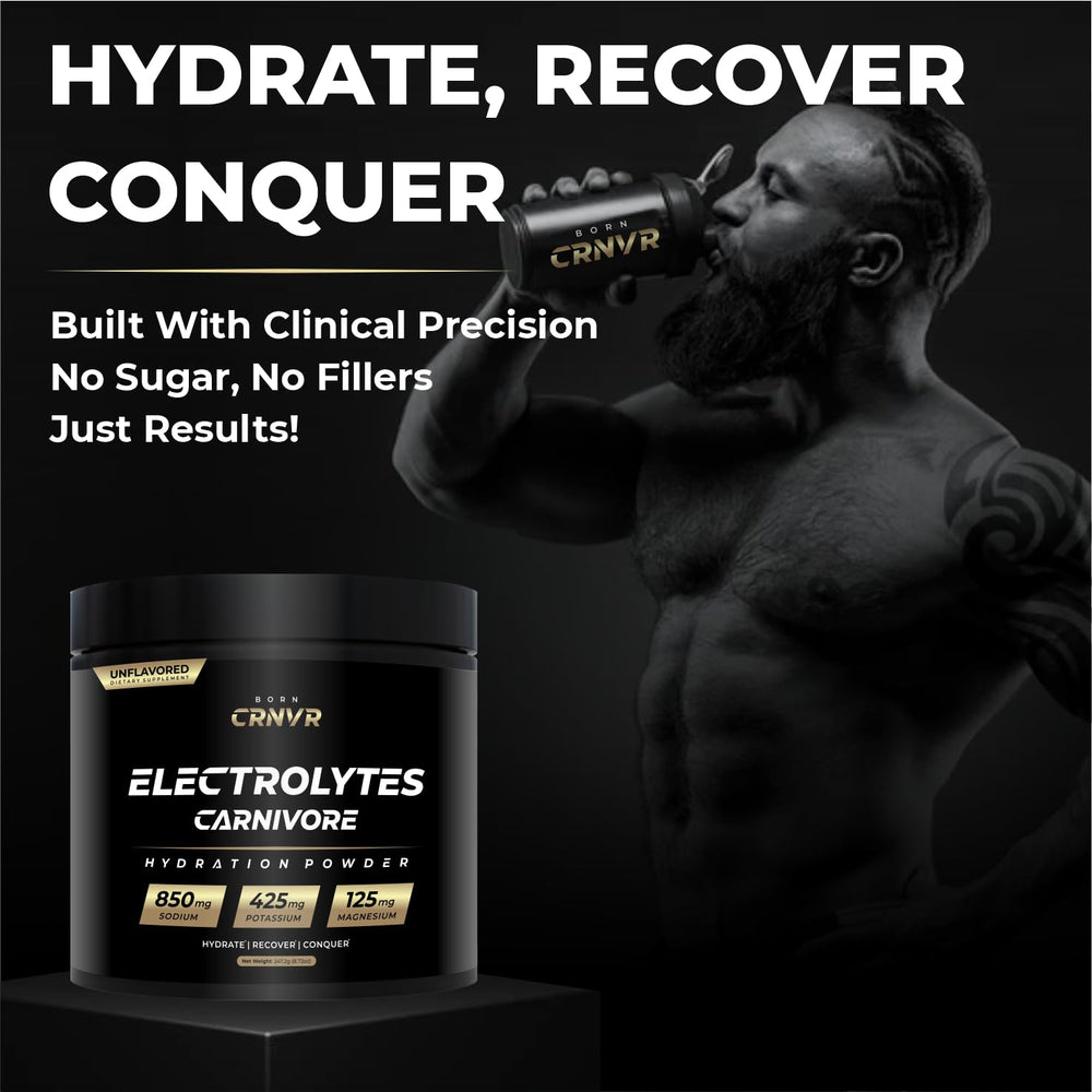 Born CRNVR Carnivore Electrolytes unflavored scoop highlights zero-carb formula.