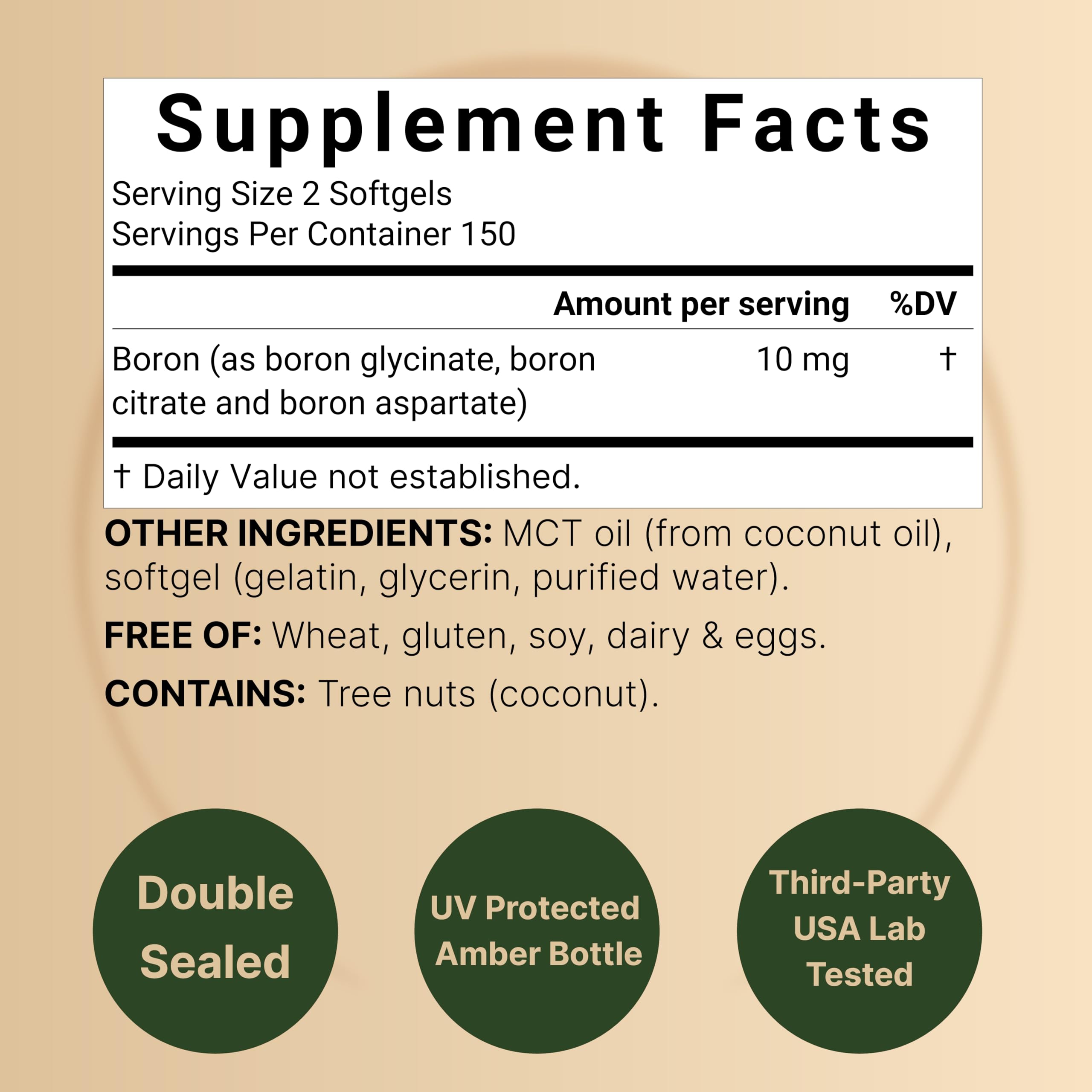 Bottle of Boron 10mg 300 softgels with MCT oil - close-up
