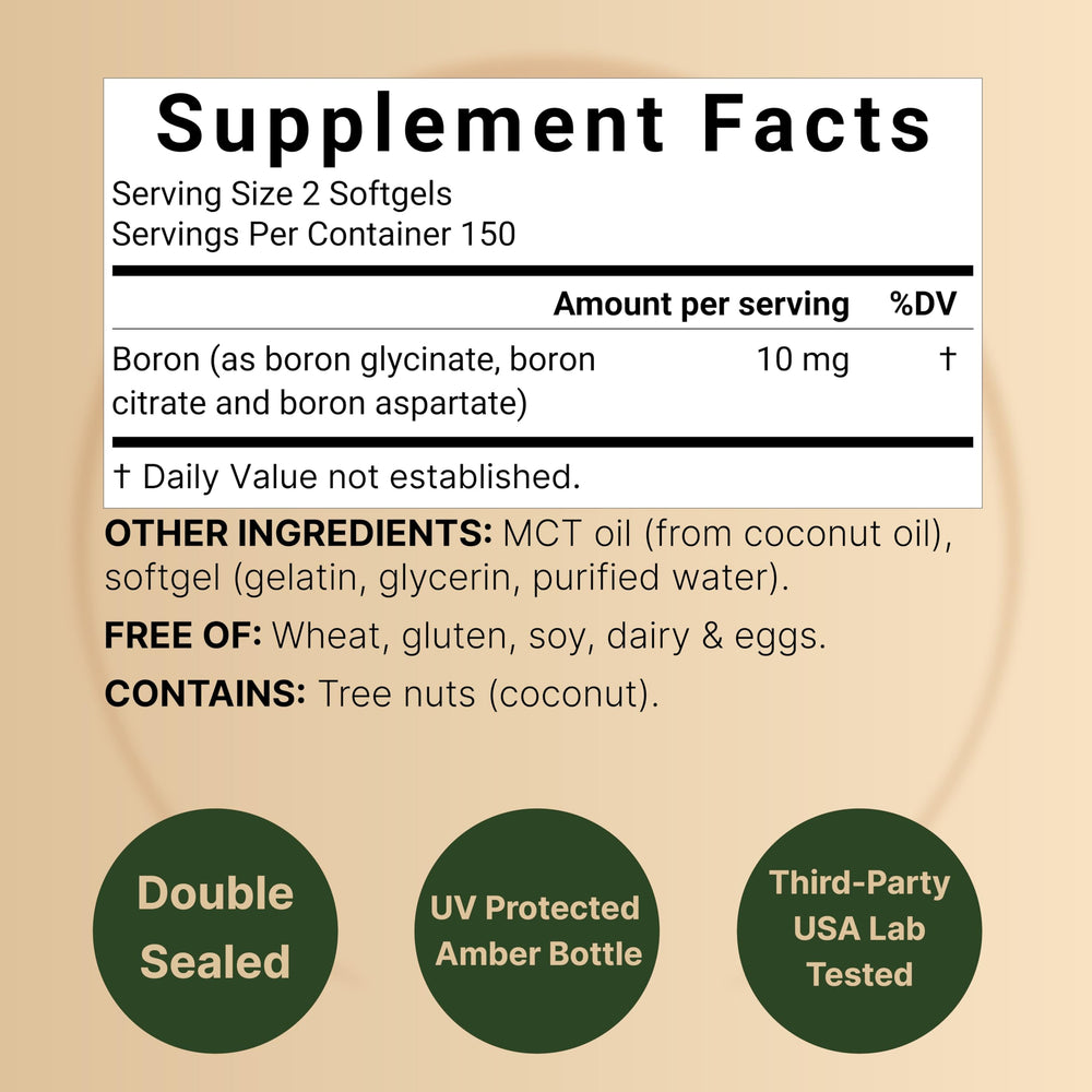 Bottle of Boron 10mg 300 softgels with MCT oil - close-up