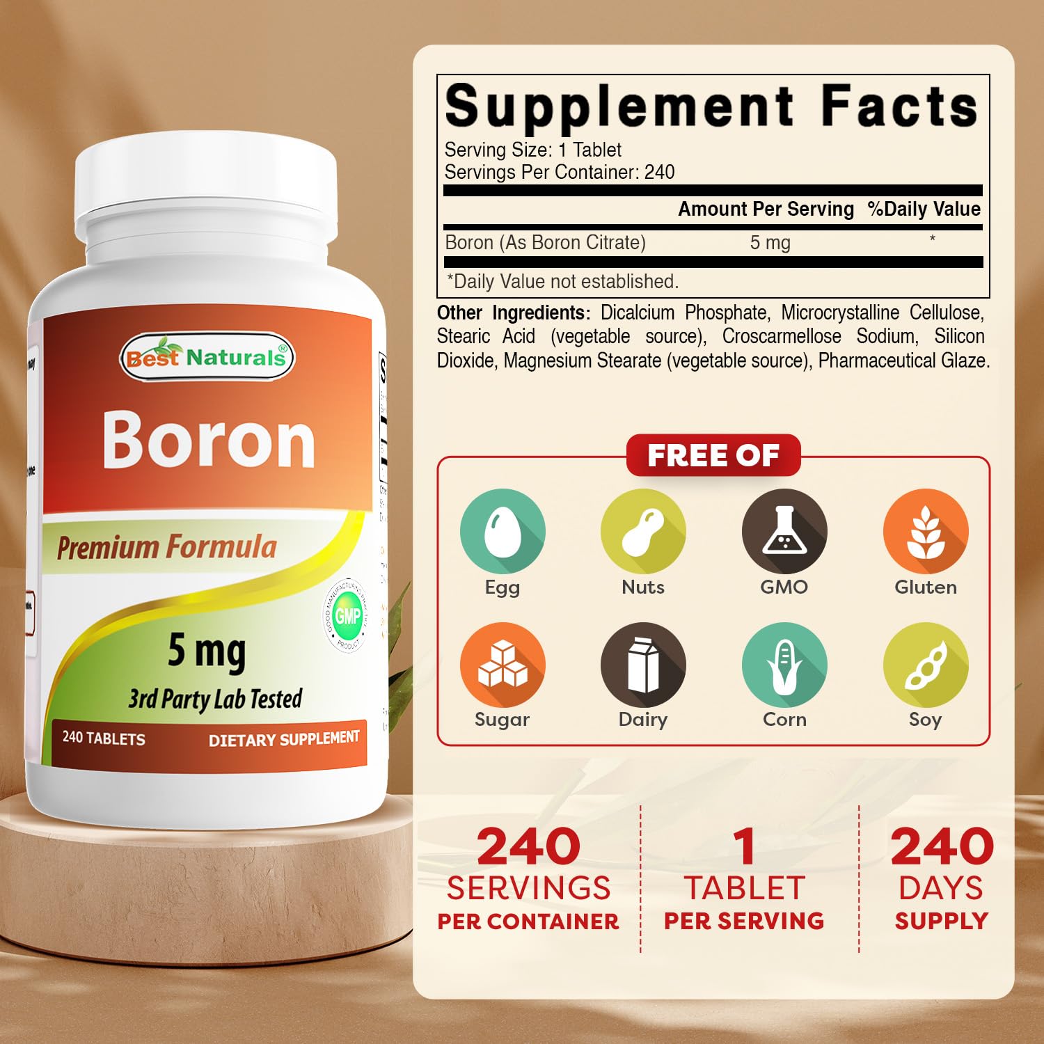 Close-up of boron supplement bottle label showing 240 tablets