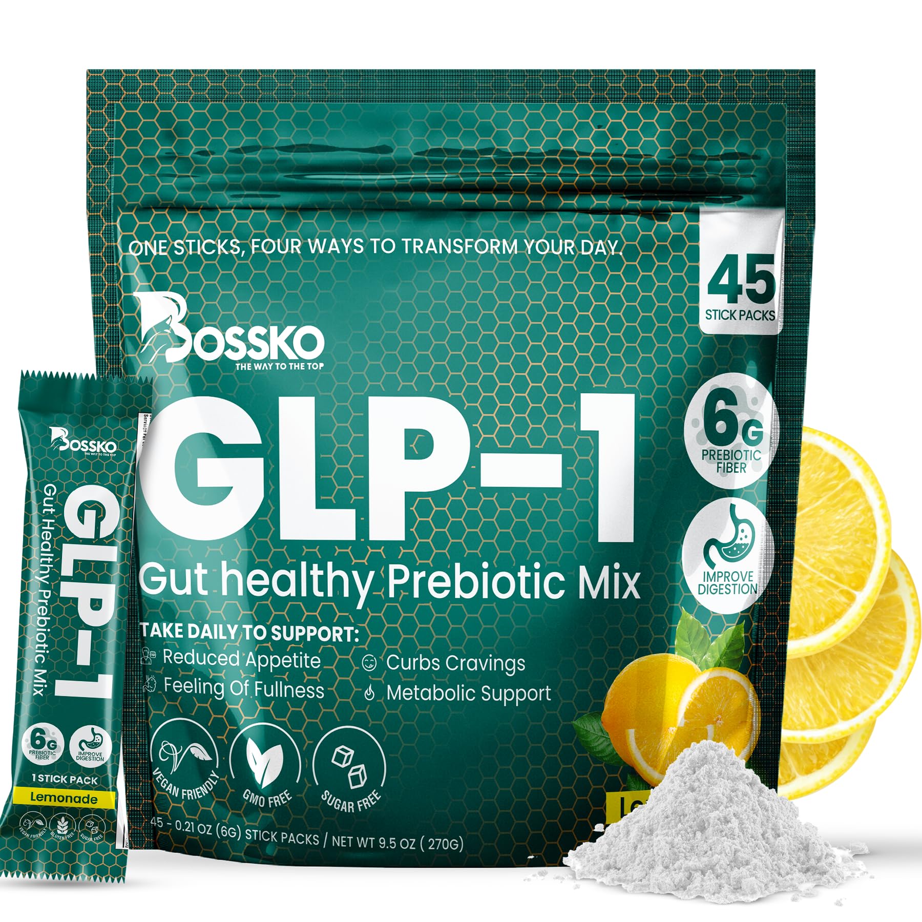 Bossko GLP-1 supplement bottle shows lemonade flavor and 6g fiber per serving.