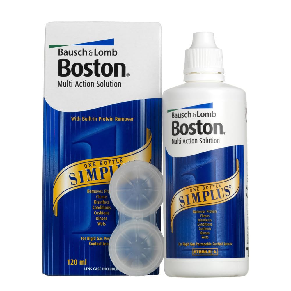 Close-up of Boston Simplus Multi-Action Solution 120mL bottle with packaging