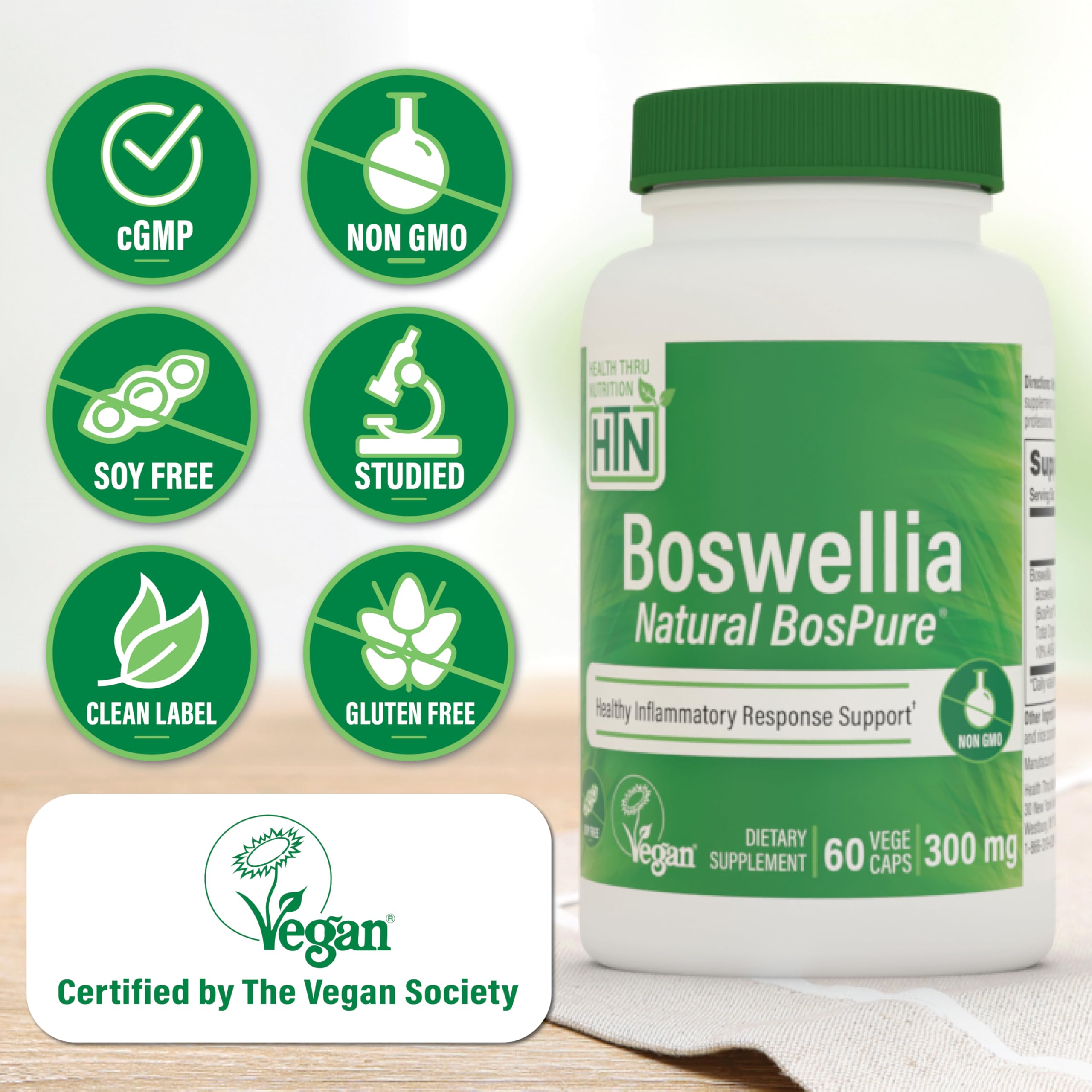 Vegan Certified label on HTN Boswellia AKBAMAX packaging