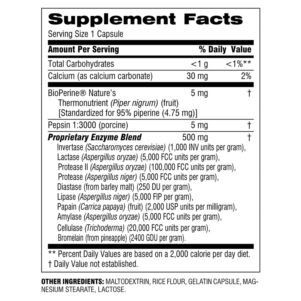Close-up of product label featuring 10 digestive enzymes