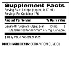 Back label with supplement facts for Oil of Oregano Liquid Extract