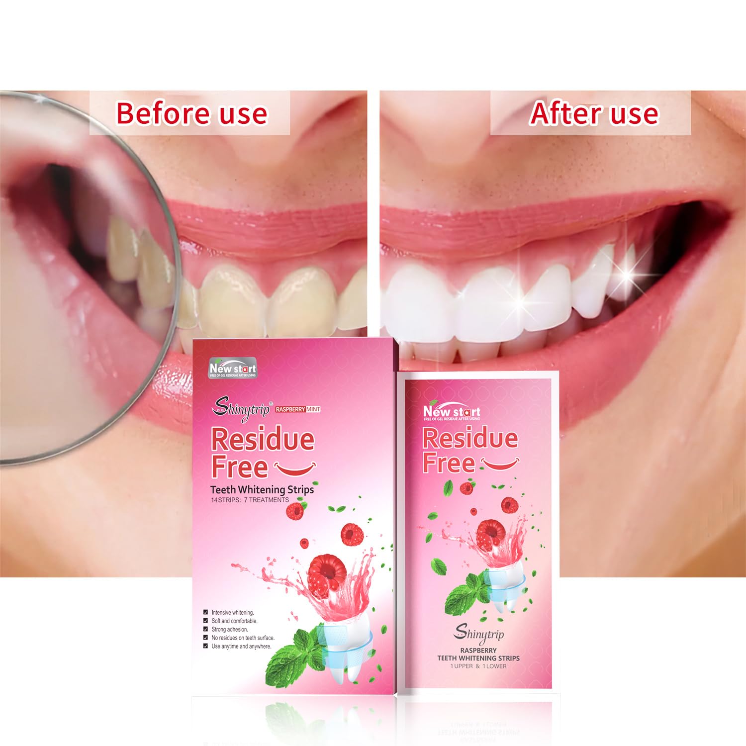 Close-up of Botare whitening strips applied to teeth