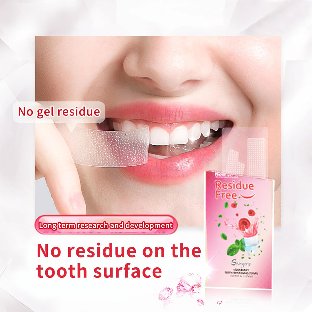 Whitening strips being applied to top and bottom teeth