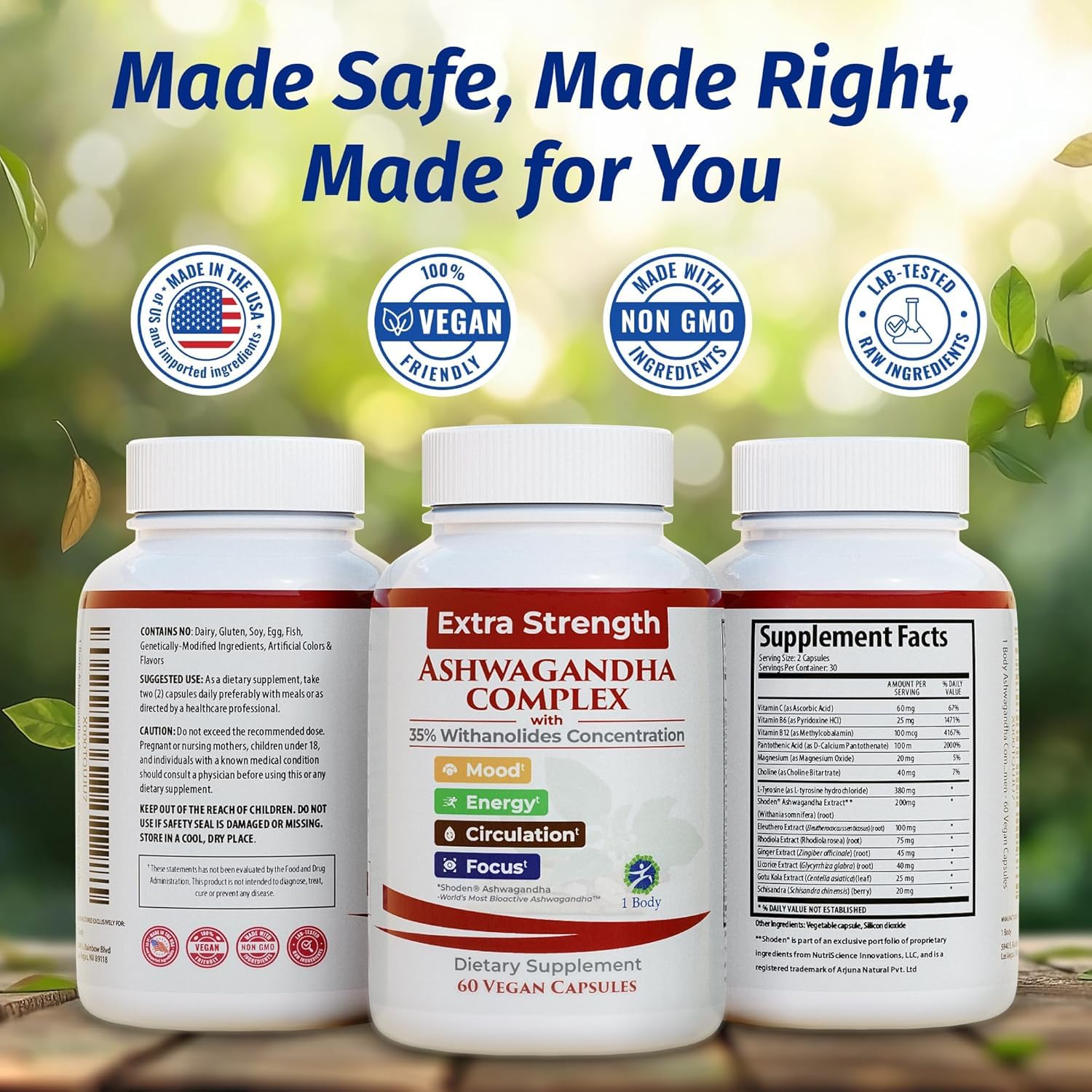 Bottle containing 180 vegan ashwadg... wait, corrected: 180 vegan Ashwagandha capsules