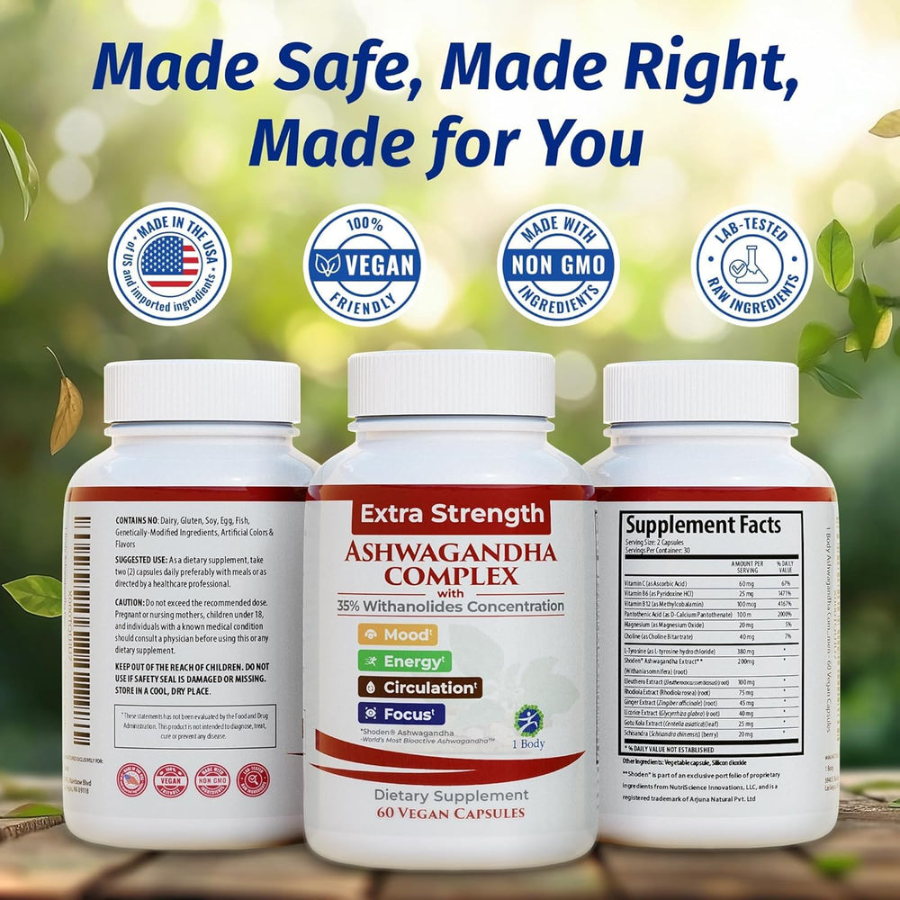 Bottle containing 180 vegan ashwadg... wait, corrected: 180 vegan Ashwagandha capsules