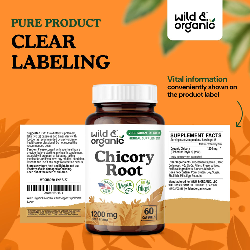 Natural, organic chicory root capsules on white background